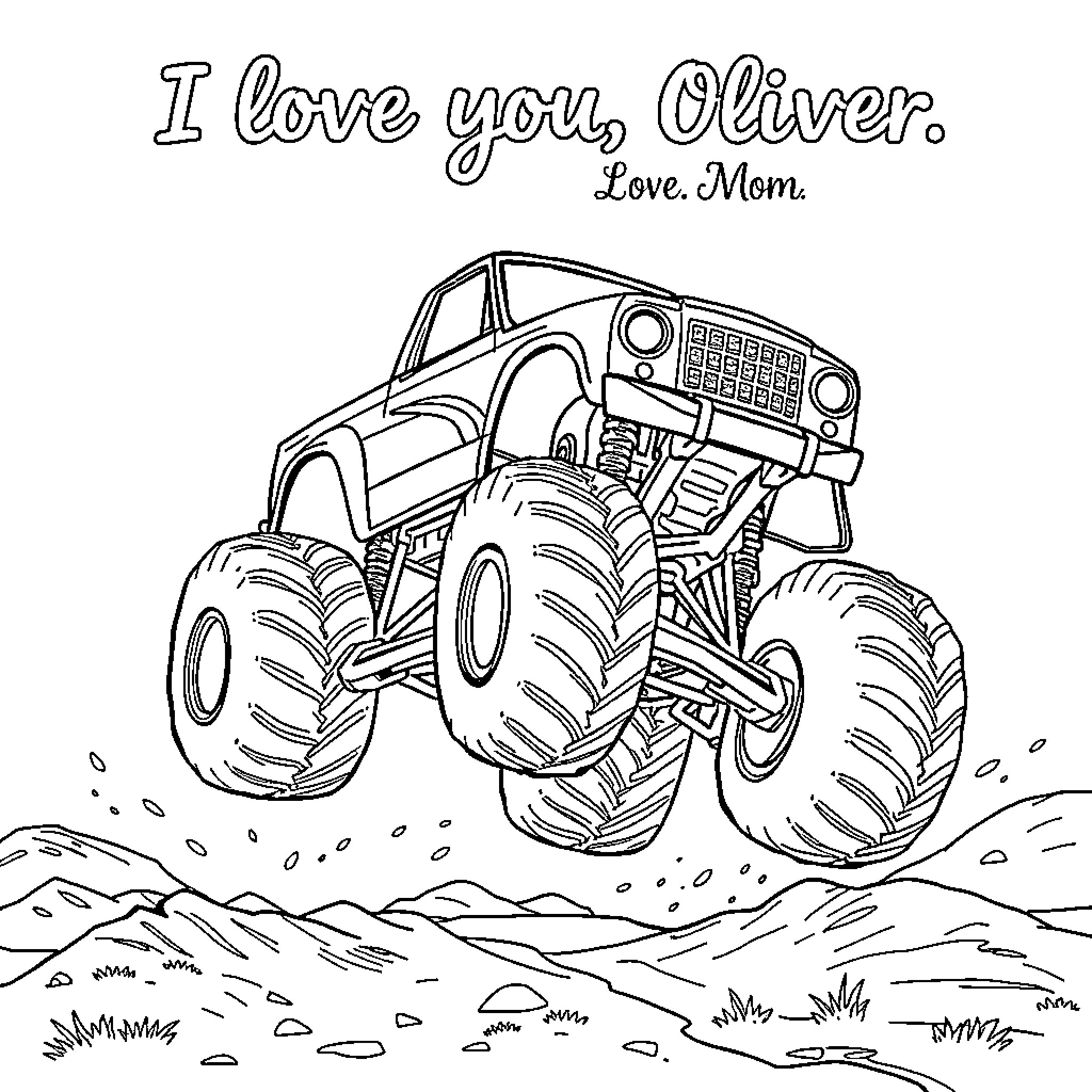 Monster Truck Adventure with Loving Message Coloring Page (free black-and-white line drawing printable PDF for all, from beginners to advanced learners, including children, teens, adults, and seniors)