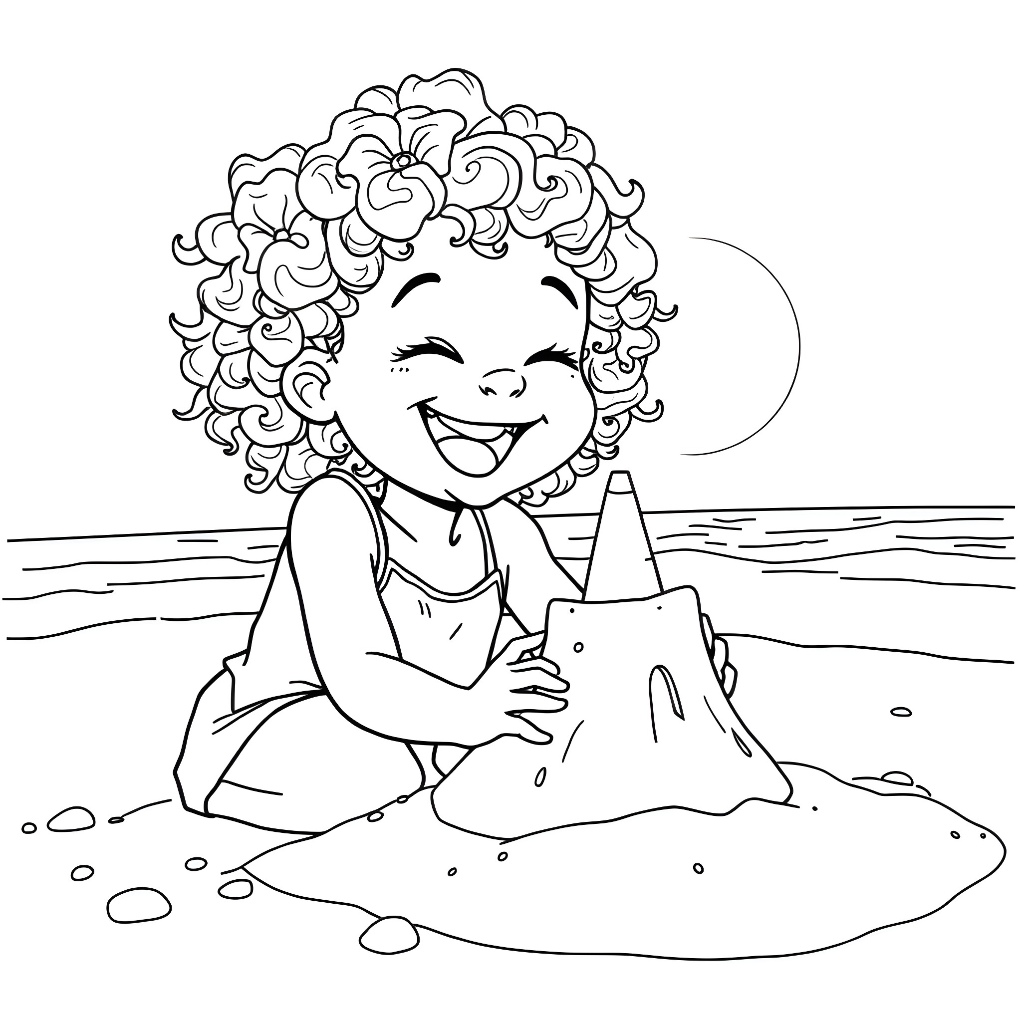 Girl playing joyfully in the sand at the beach Coloring Page (free black-and-white line drawing printable PDF for all, from beginners to advanced learners, including children, teens, adults, and seniors)