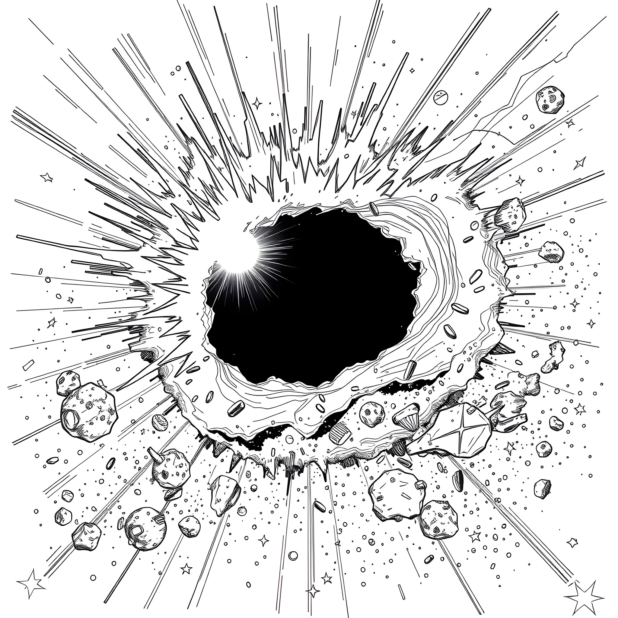 Sun bursts through cosmic debris Coloring Page (free black-and-white line drawing printable PDF for all, from beginners to advanced learners, including children, teens, adults, and seniors)