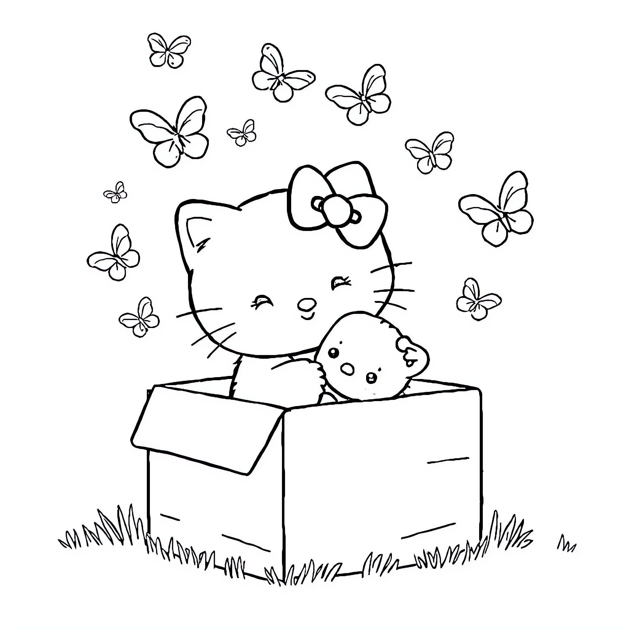 Kitten playing in a box with butterflies Coloring Page (free black-and-white line drawing printable PDF for all, from beginners to advanced learners, including children, teens, adults, and seniors)