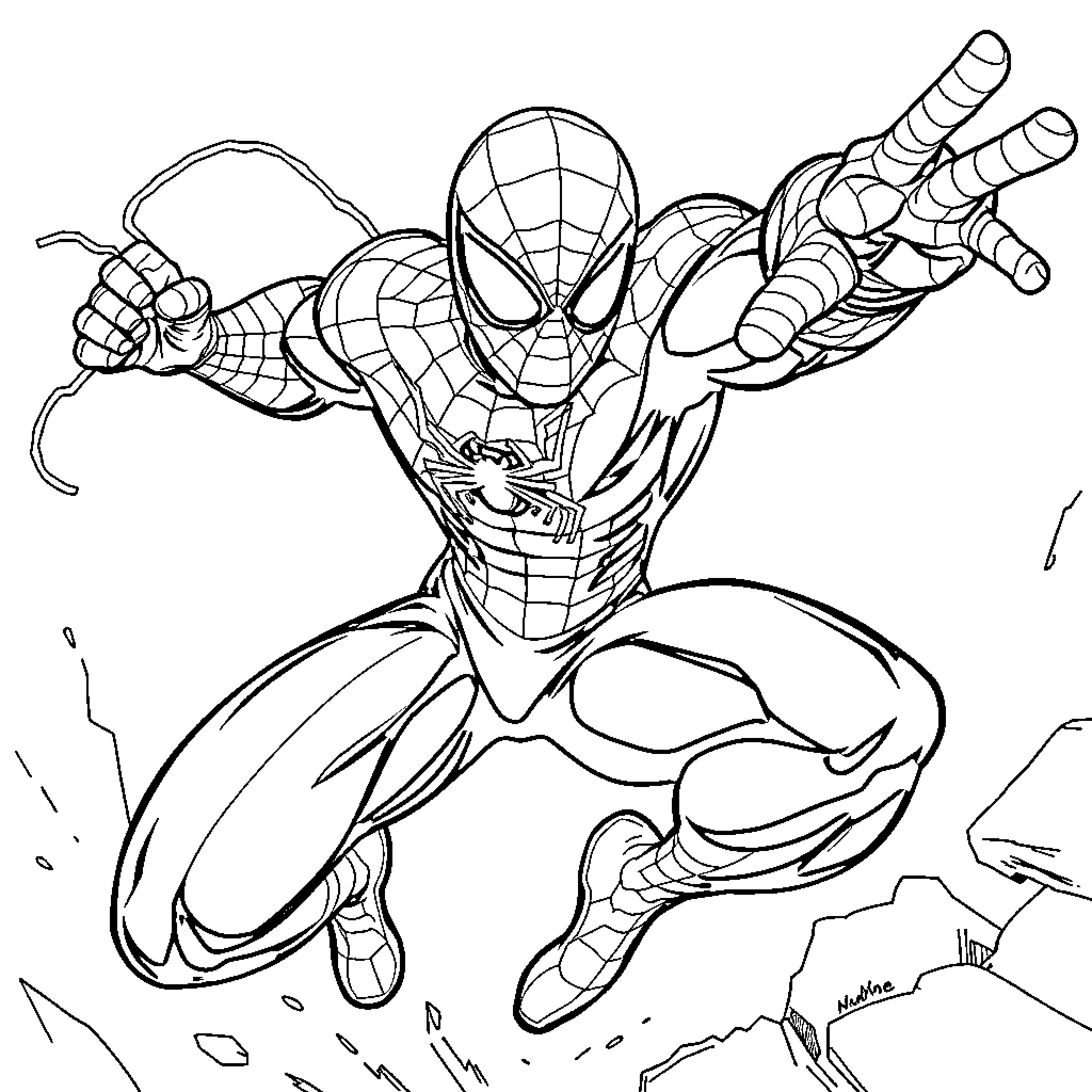 Spiderman swinging into action with heroic pose Coloring Page (free black-and-white line drawing printable PDF for all, from beginners to advanced learners, including children, teens, adults, and seniors)