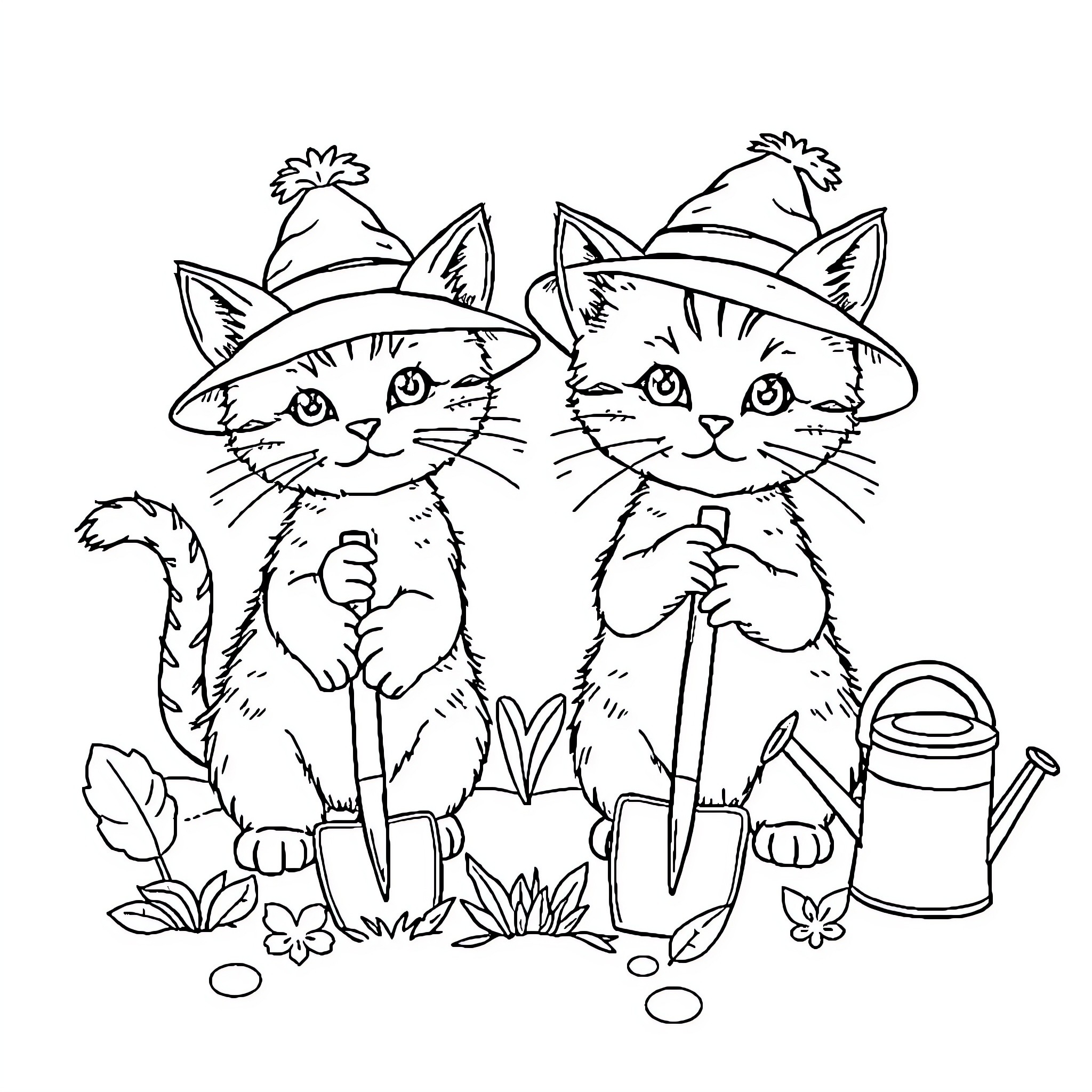 Cats in gardening hats enjoying outdoor activities Coloring Page (free black-and-white line drawing printable PDF for all, from beginners to advanced learners, including children, teens, adults, and seniors)