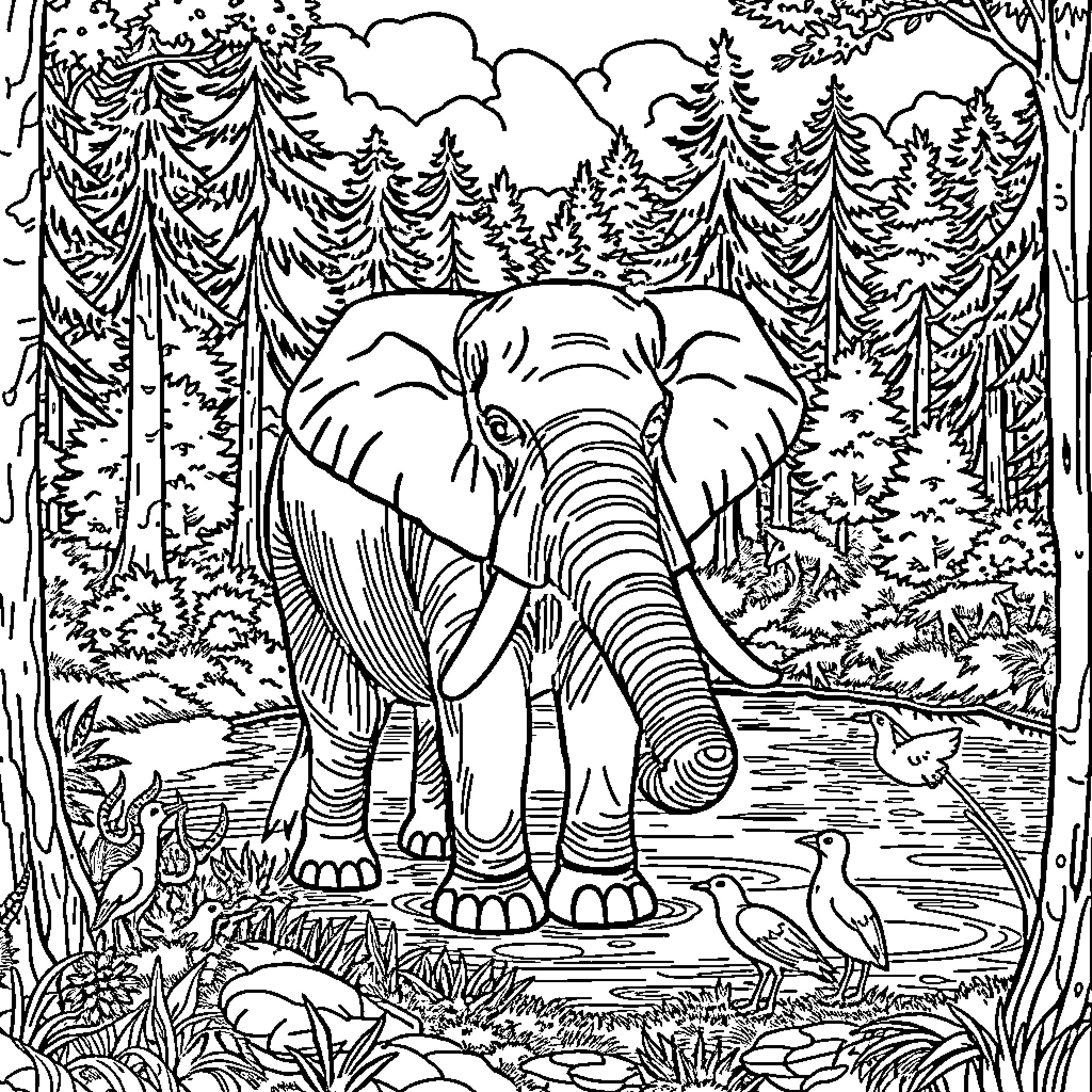 Elephant standing in a forest clearing Coloring Page (free black-and-white line drawing printable PDF for all, from beginners to advanced learners, including children, teens, adults, and seniors)
