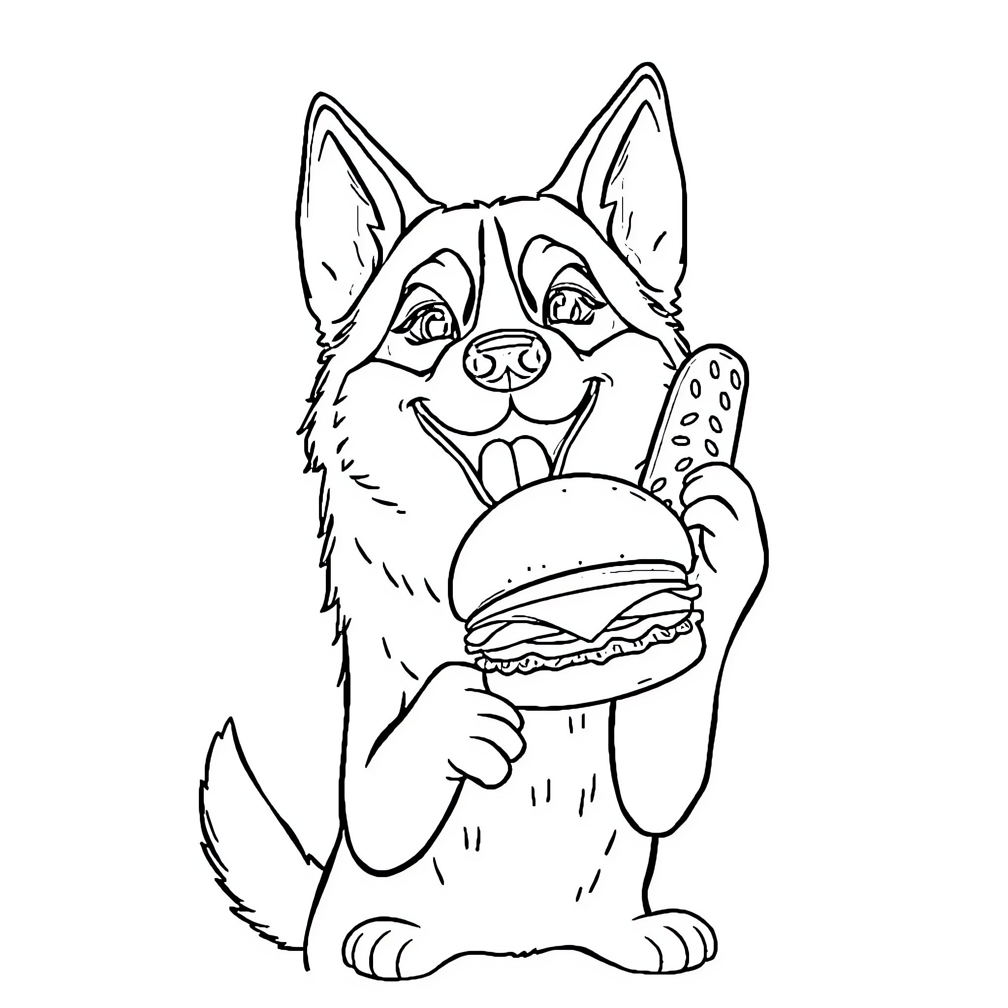 Siberian Husky enjoying a tasty burger Coloring Page (free black-and-white line drawing printable PDF for all, from beginners to advanced learners, including children, teens, adults, and seniors)