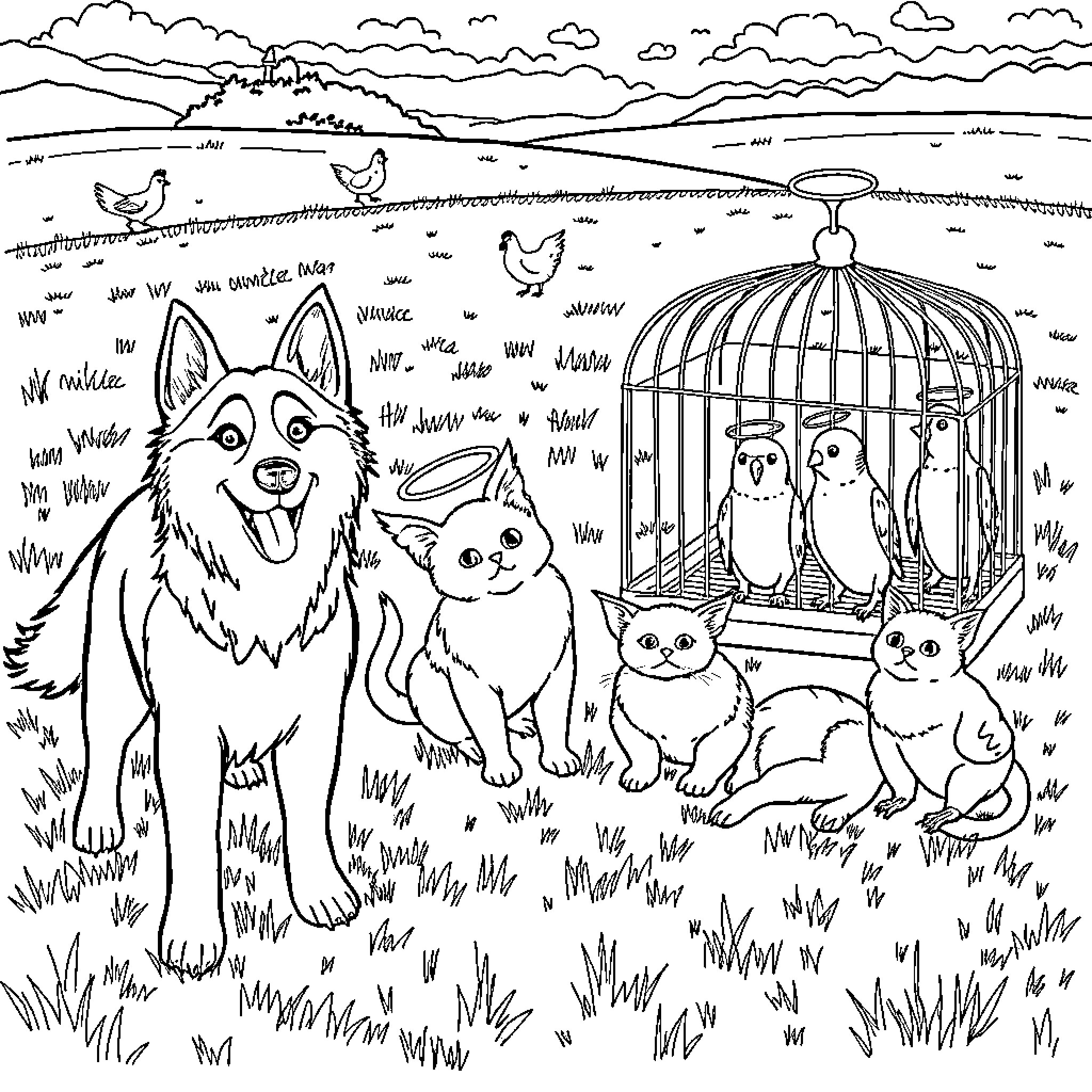 Husky and Kittens in Lively Farm Scene Coloring Page (free black-and-white line drawing printable PDF for all, from beginners to advanced learners, including children, teens, adults, and seniors)