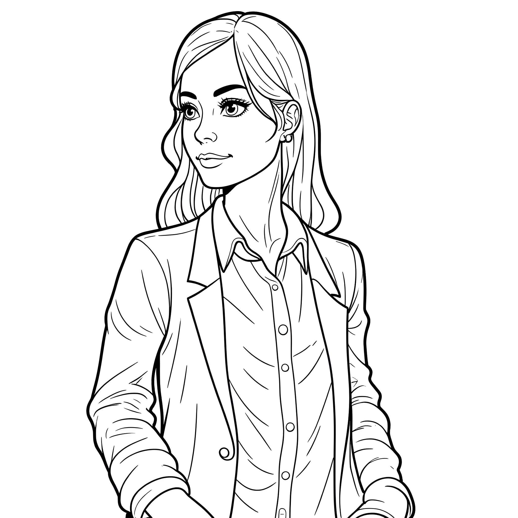 Education - Young woman in formal attire with thoughtful expression Coloring Page (free black-and-white line drawing printable PDF for all, from beginners to advanced learners, including children, teens, adults, and seniors)