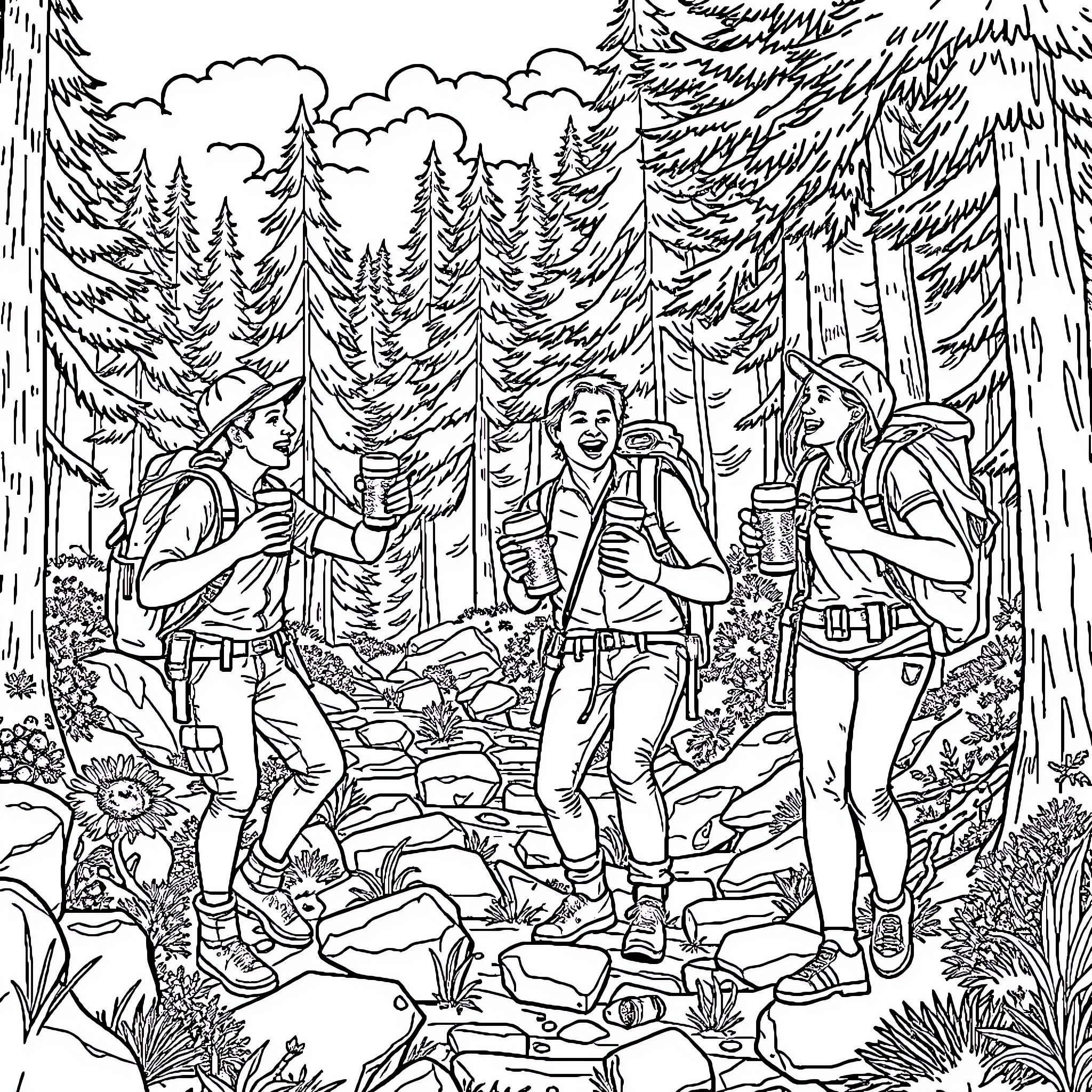Persons hiking and enjoying the outdoors in the forest Coloring Page (free black-and-white line drawing printable PDF for all, from beginners to advanced learners, including children, teens, adults, and seniors)