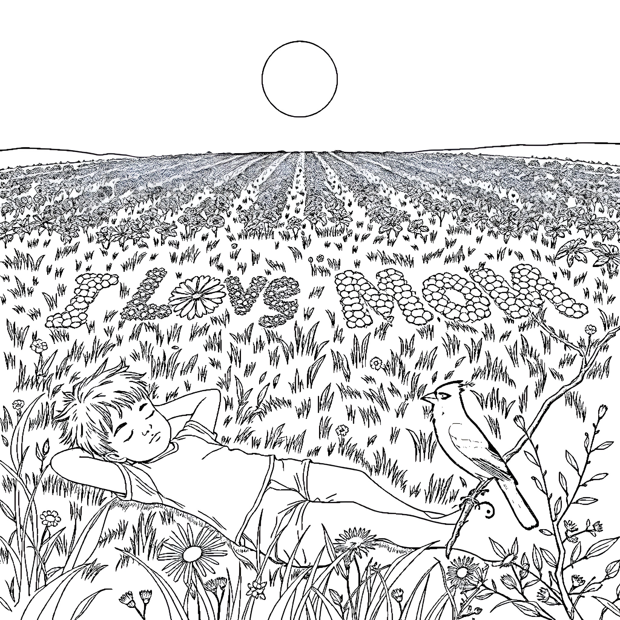 Boy resting amidst blooming flowers and birds Coloring Page (free black-and-white line drawing printable PDF for all, from beginners to advanced learners, including children, teens, adults, and seniors)