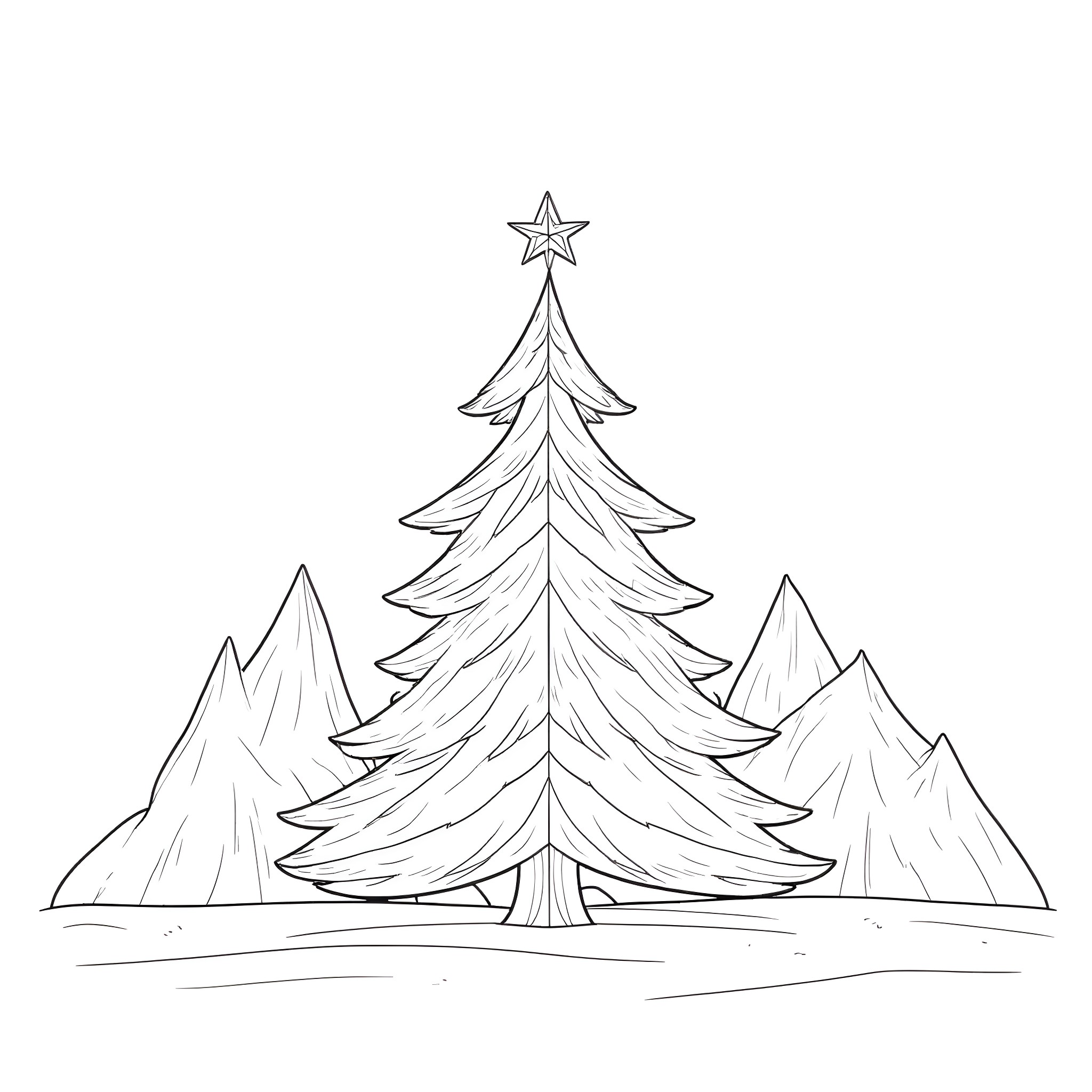 Christmas Tree in Snowy Mountain Landscape Coloring Page (free black-and-white line drawing printable PDF for all, from beginners to advanced learners, including children, teens, adults, and seniors)