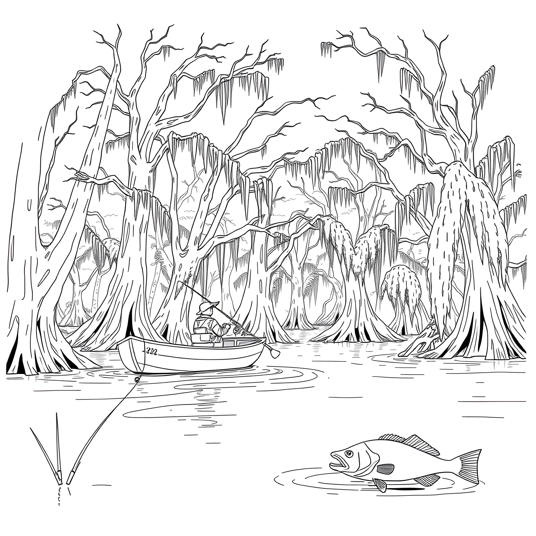 Bass fishing in a mystical swamp landscape Coloring Page (free black-and-white line drawing printable PDF for all, from beginners to advanced learners, including children, teens, adults, and seniors)