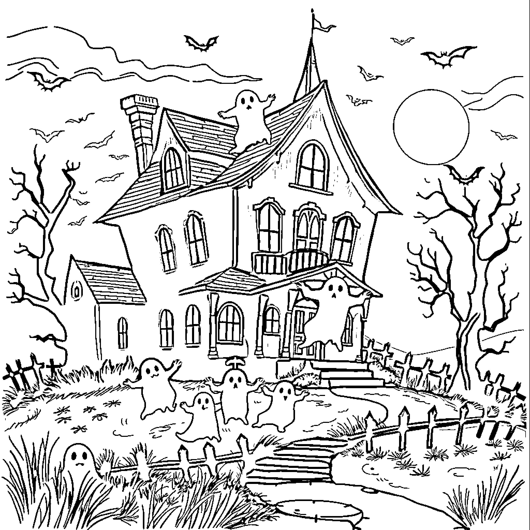 Haunted House with Spooky Ghosts and Bats Coloring Page (free black-and-white line drawing printable PDF for all, from beginners to advanced learners, including children, teens, adults, and seniors)