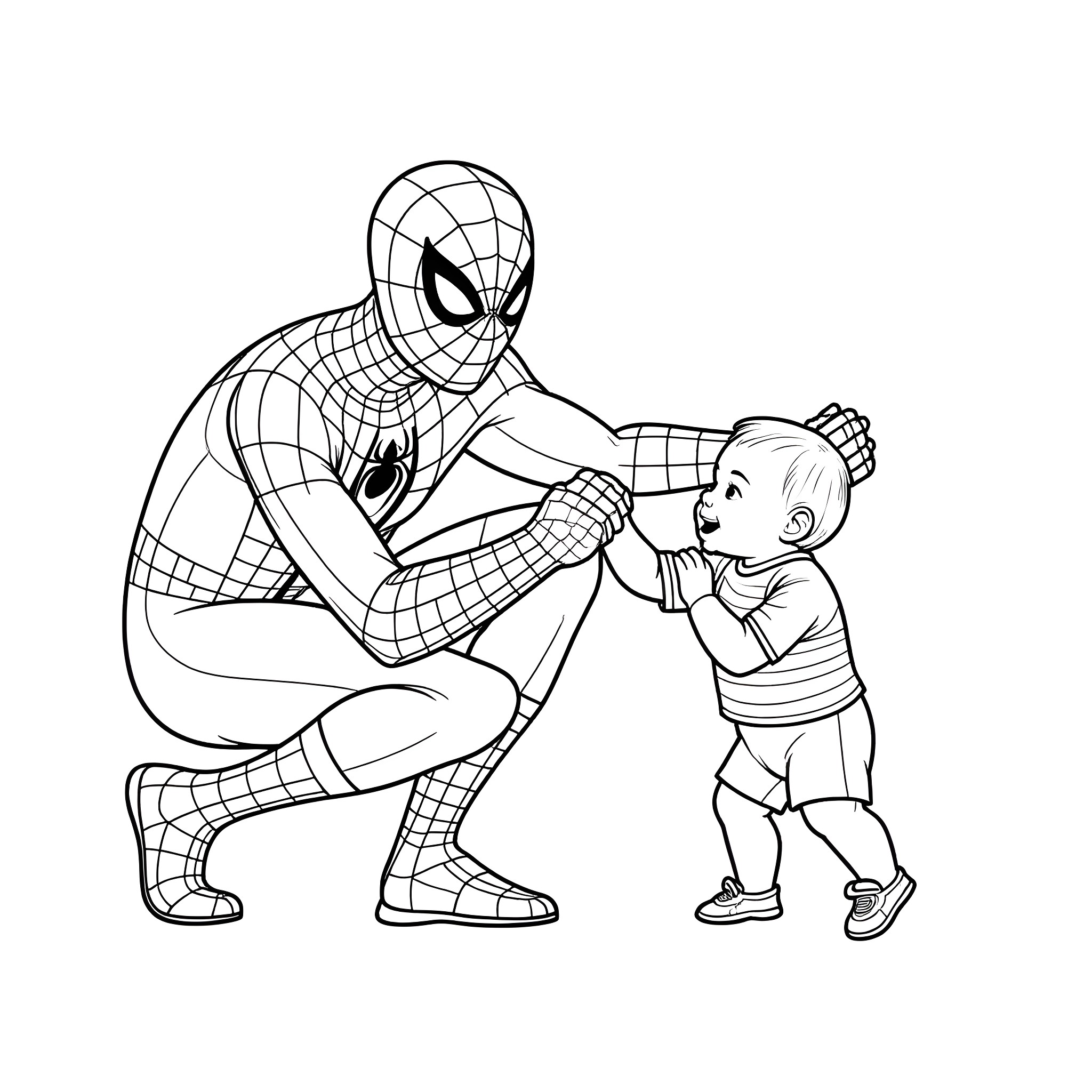 Spider-Man comforting and interacting with a child Coloring Page (free black-and-white line drawing printable PDF for all, from beginners to advanced learners, including children, teens, adults, and seniors)