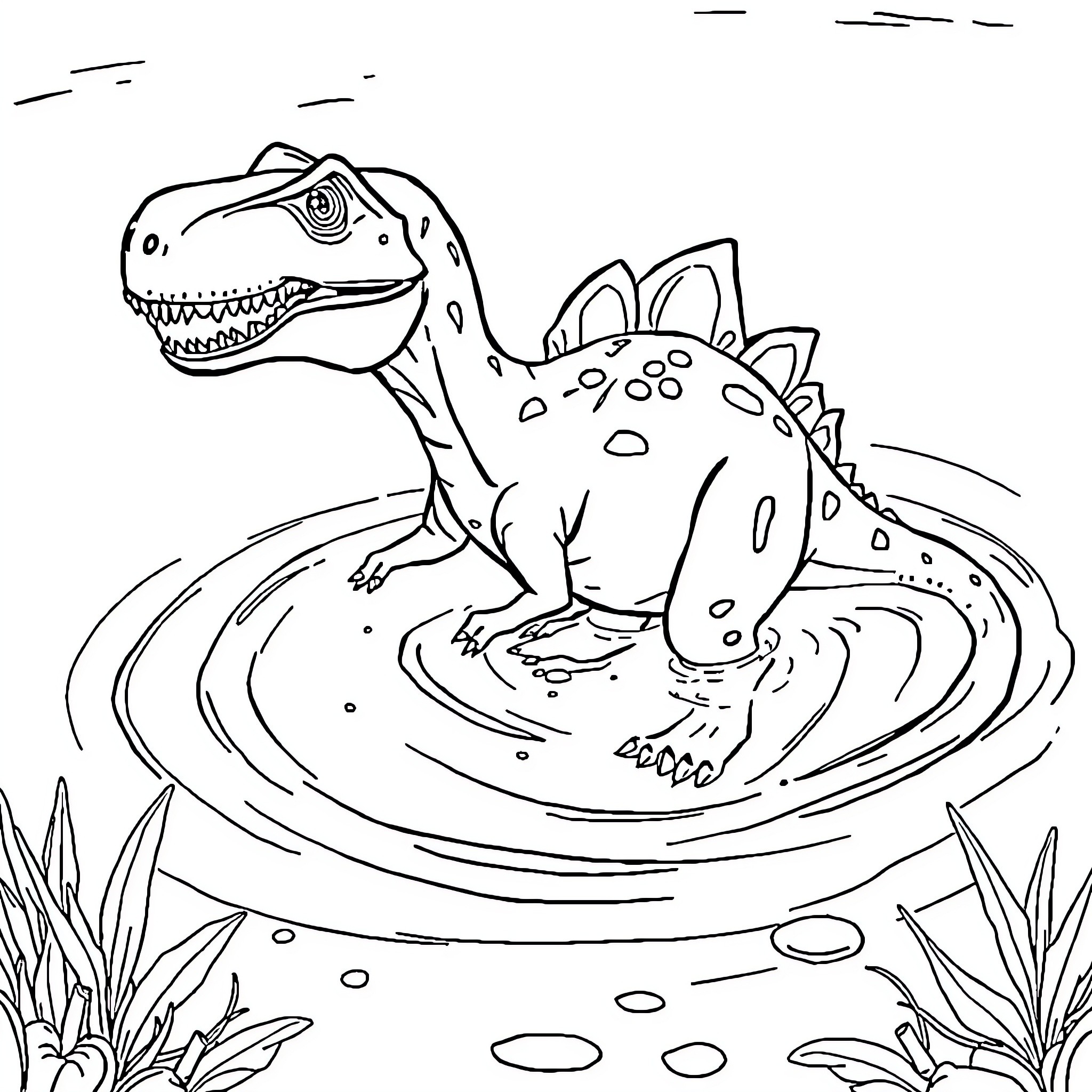 Dinosaur splashing in the water Coloring Page (free black-and-white line drawing printable PDF for all, from beginners to advanced learners, including children, teens, adults, and seniors)