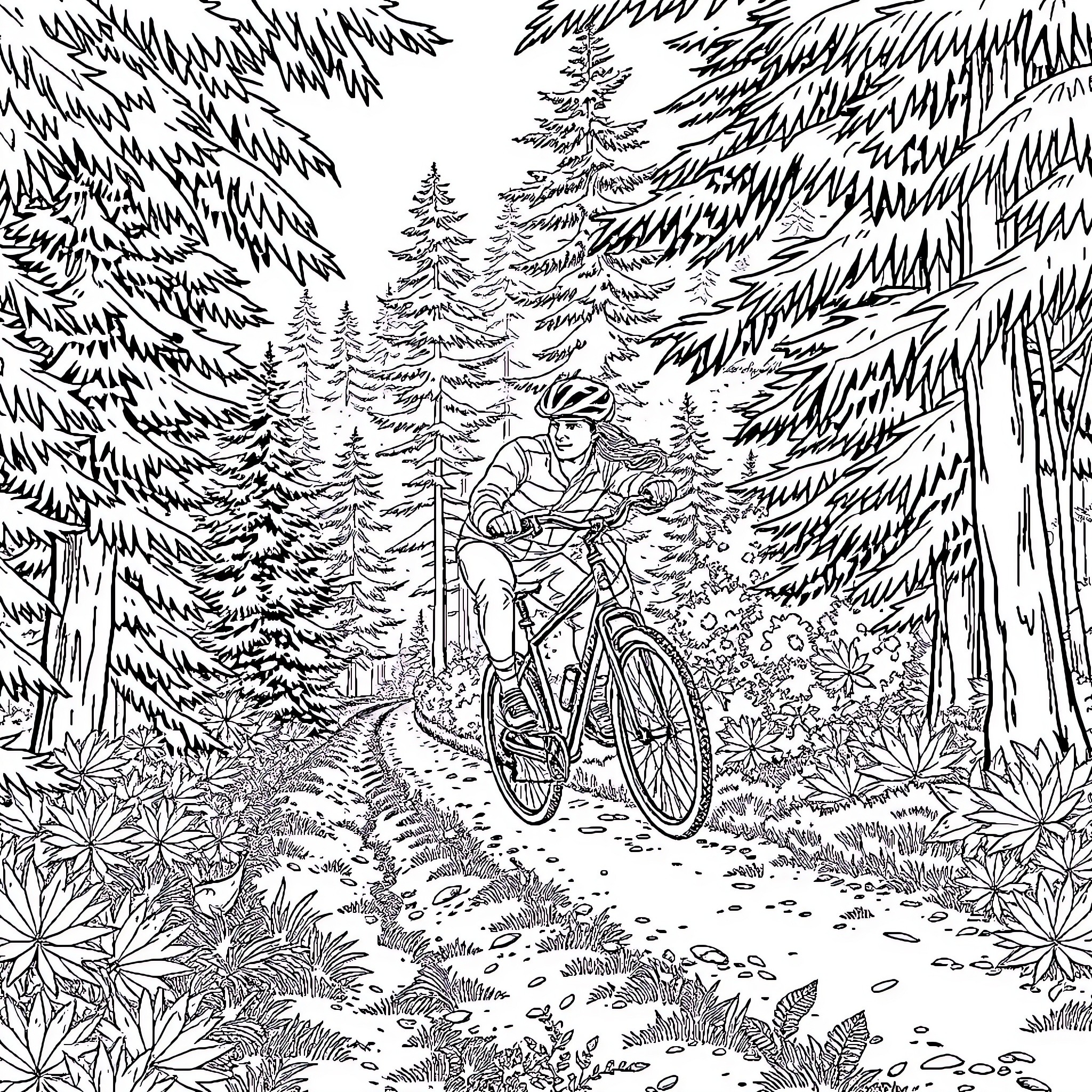 Bicycle riding through forest path Coloring Page (free black-and-white line drawing printable PDF for all, from beginners to advanced learners, including children, teens, adults, and seniors)