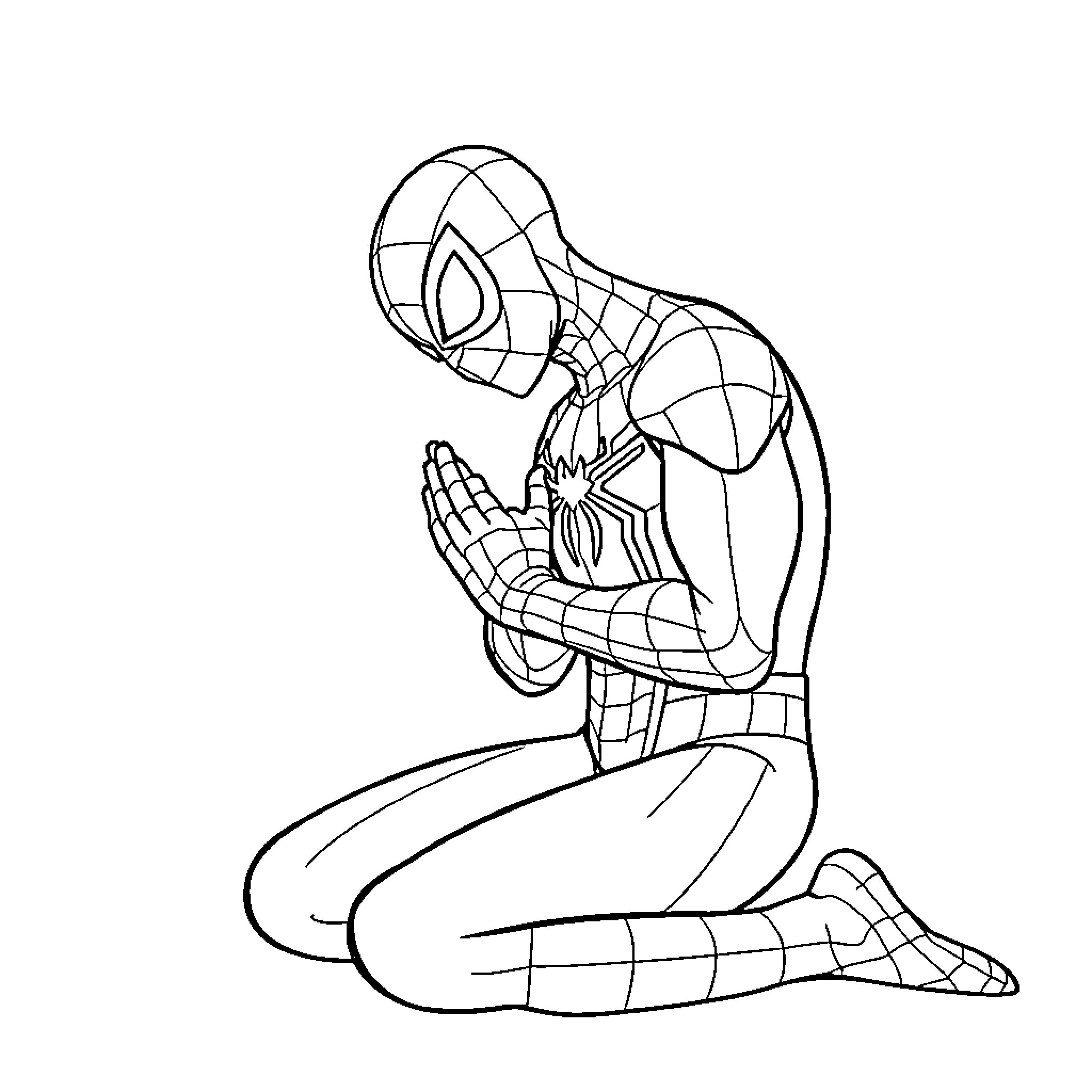 Spider-Man kneeling in prayer stance Coloring Page (free black-and-white line drawing printable PDF for all, from beginners to advanced learners, including children, teens, adults, and seniors)