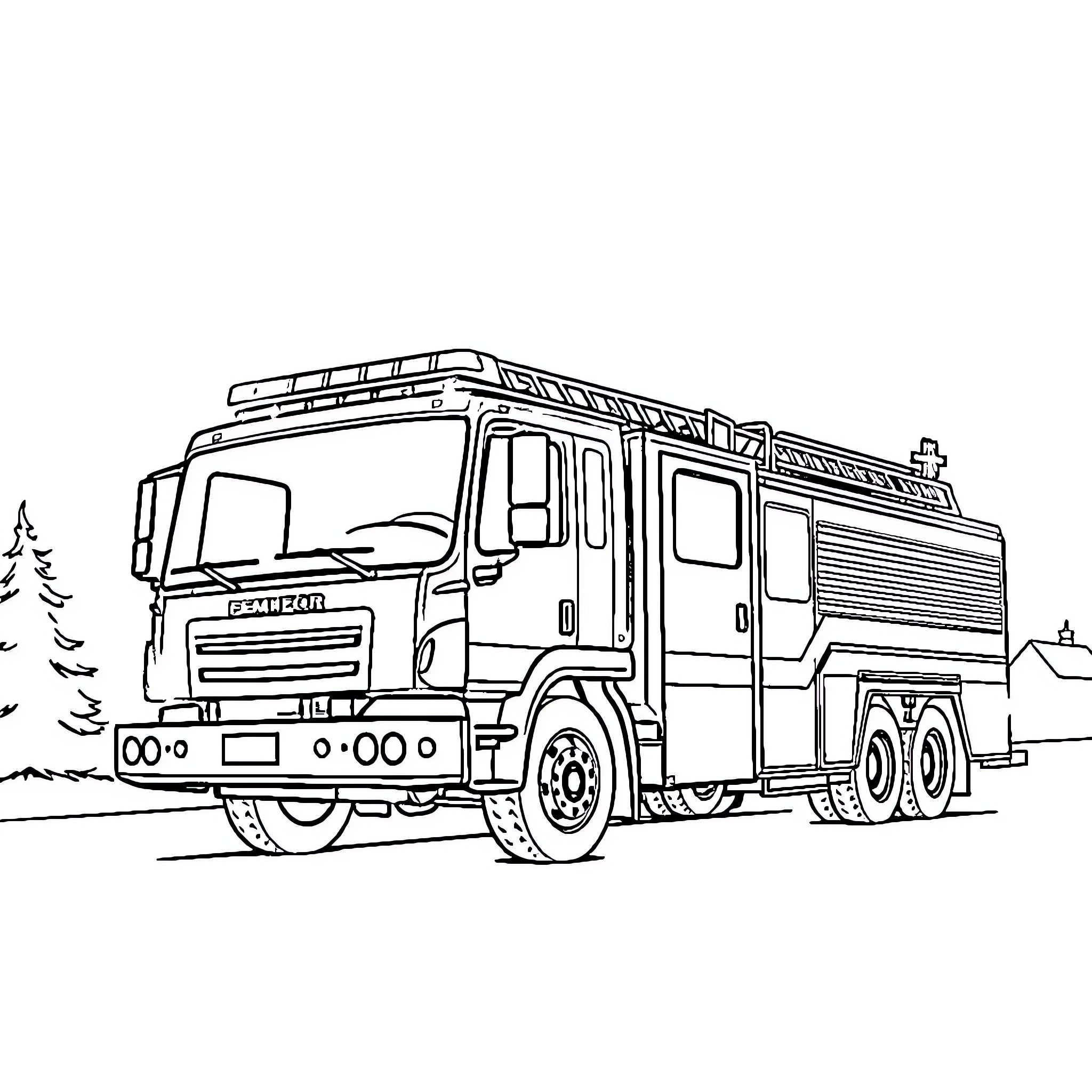 Fire Truck Responding to Emergency Call Coloring Page (free black-and-white line drawing printable PDF for all, from beginners to advanced learners, including children, teens, adults, and seniors)