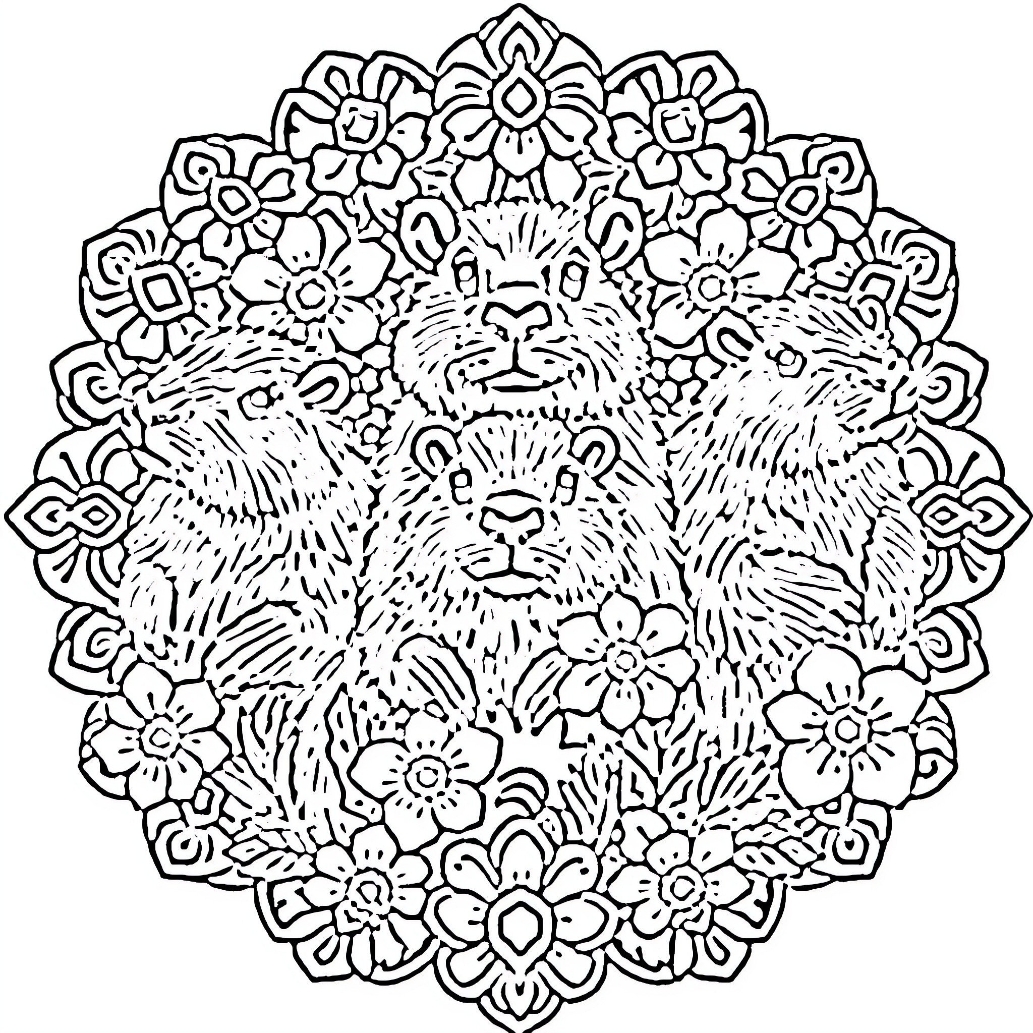 Capybara family in floral mandala design Coloring Page (free black-and-white line drawing printable PDF for all, from beginners to advanced learners, including children, teens, adults, and seniors)