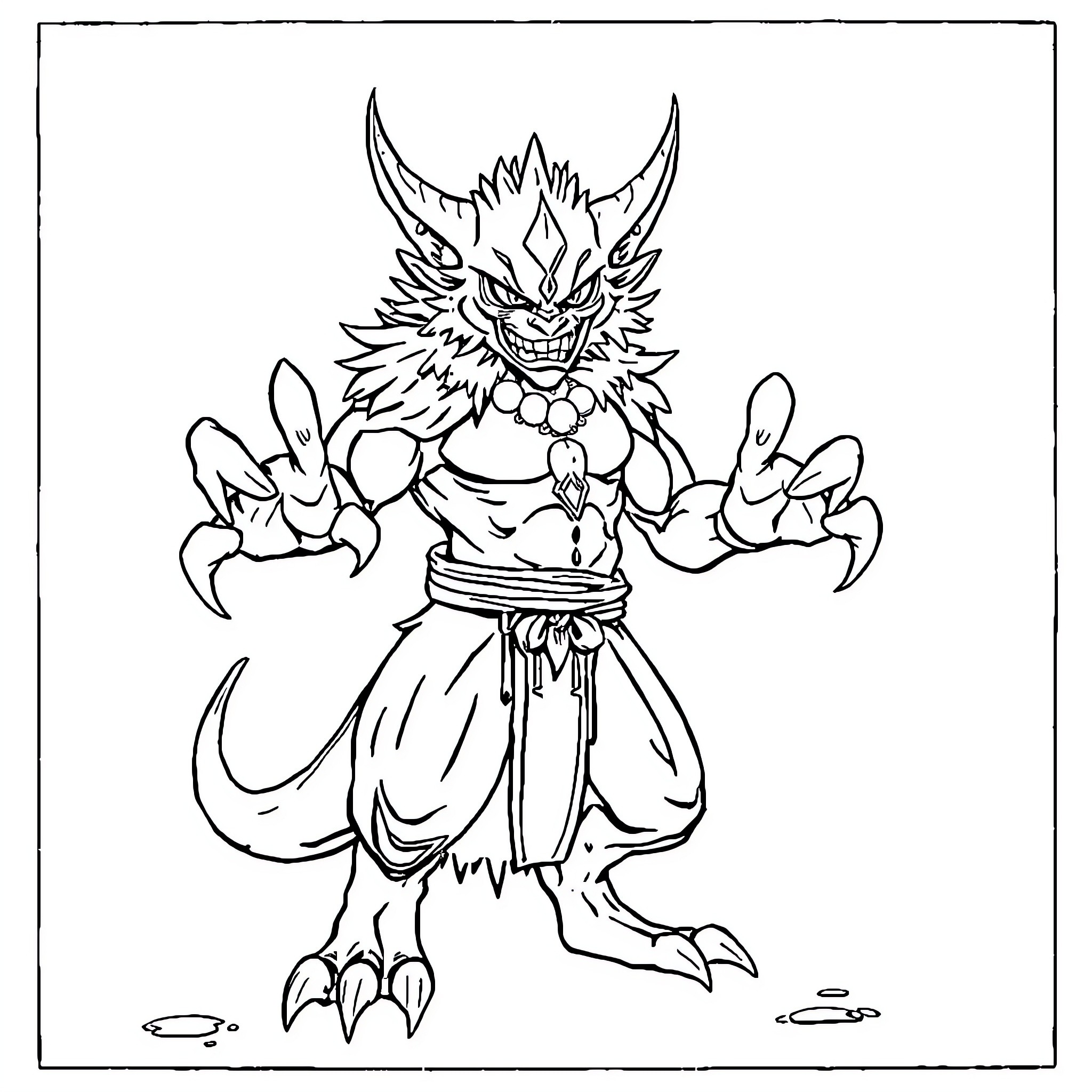 Sukuna's Menacing Presence: Demonic Warrior Stance Coloring Page (free black-and-white line drawing printable PDF for all, from beginners to advanced learners, including children, teens, adults, and seniors)