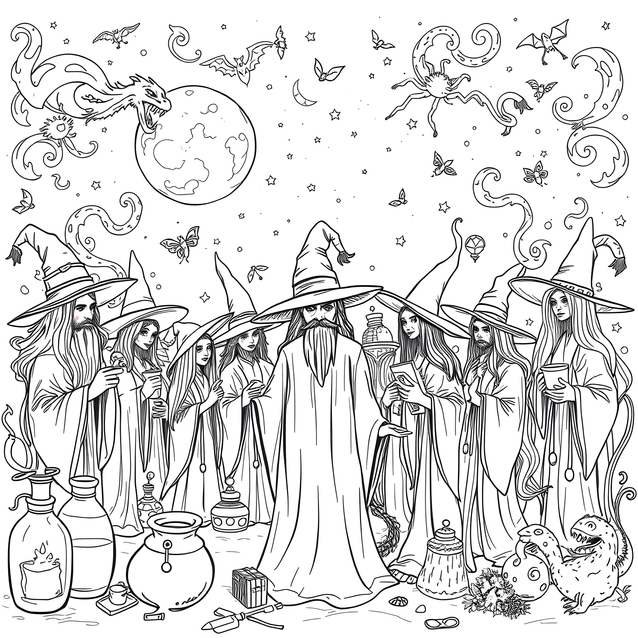 Witch Coven Gathering under the Moonlight Coloring Page (free black-and-white line drawing printable PDF for all, from beginners to advanced learners, including children, teens, adults, and seniors)