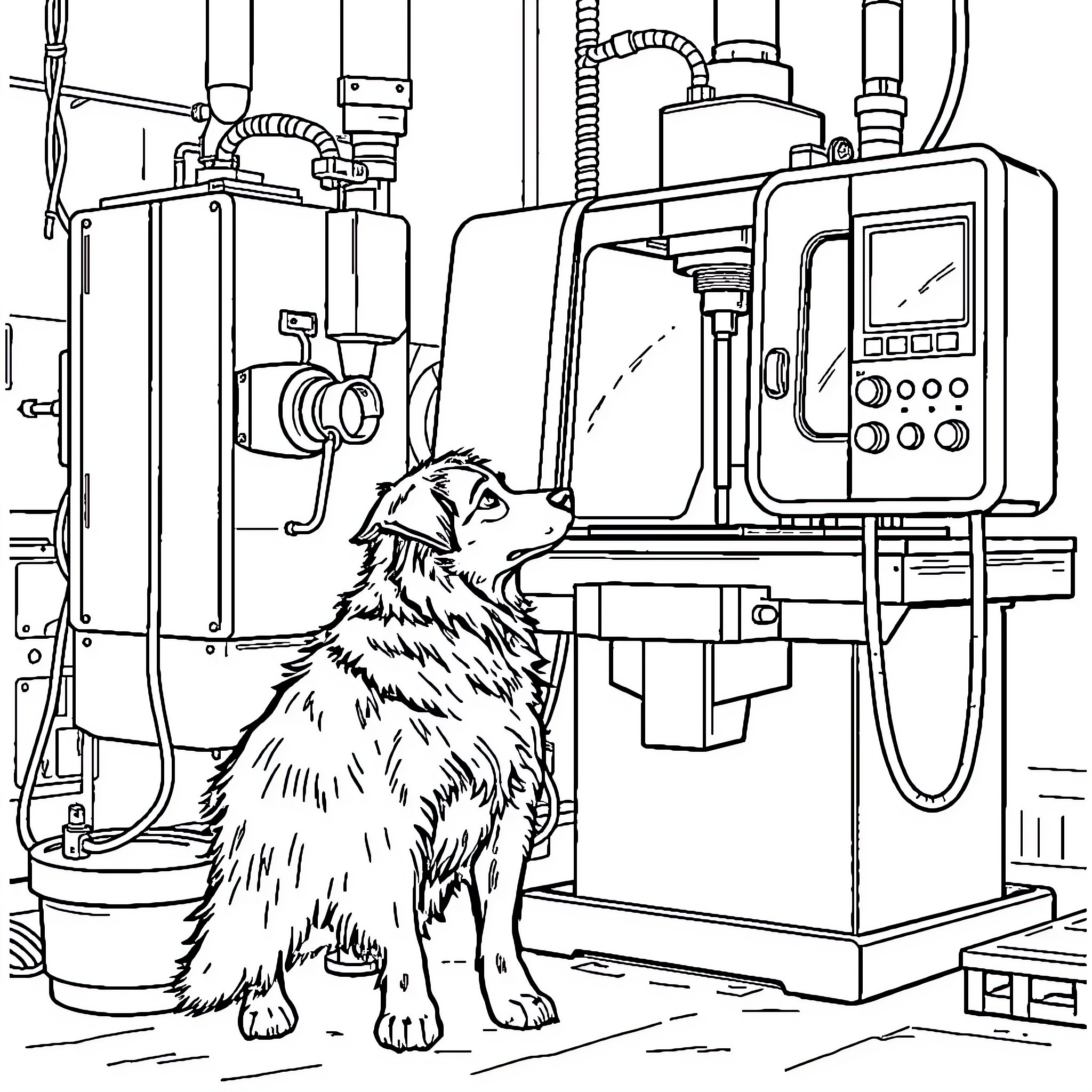 Australian Shepherd exploring industrial equipment Coloring Page (free black-and-white line drawing printable PDF for all, from beginners to advanced learners, including children, teens, adults, and seniors)