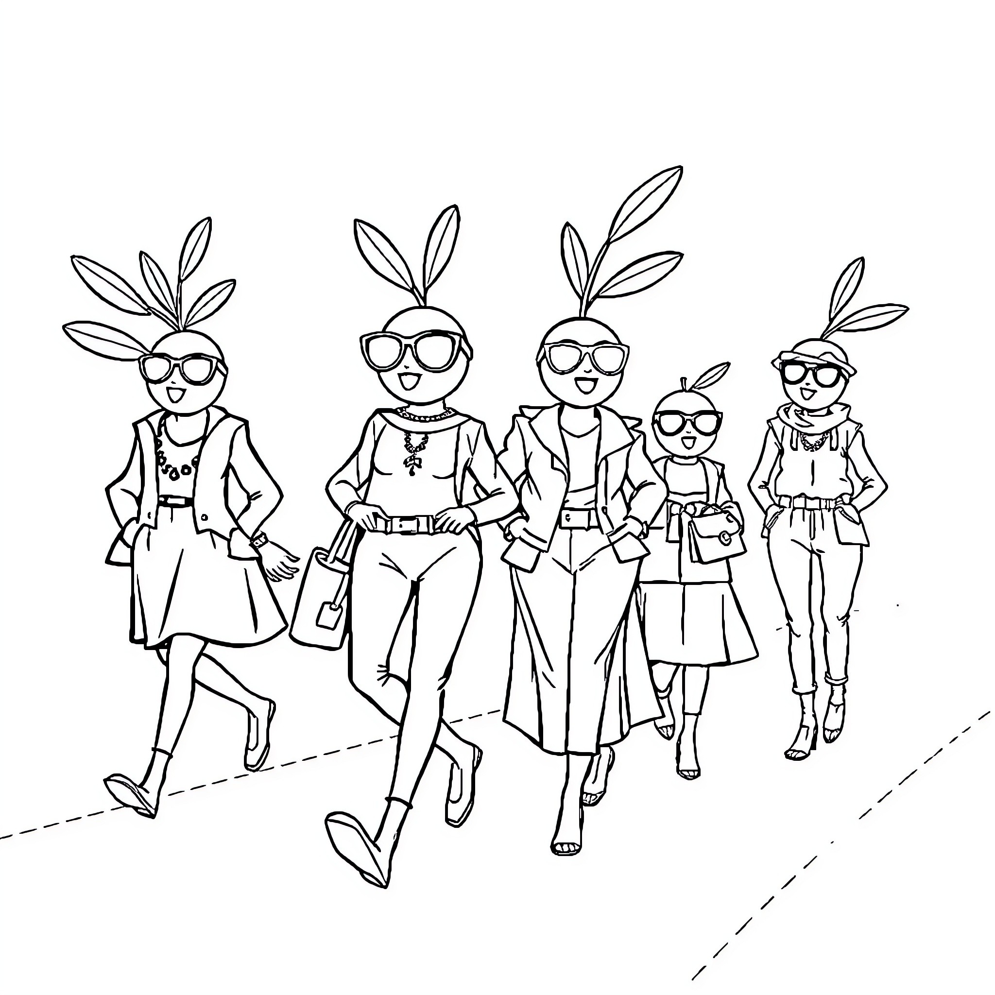 Olive friends explore the city in style Coloring Page (free black-and-white line drawing printable PDF for all, from beginners to advanced learners, including children, teens, adults, and seniors)