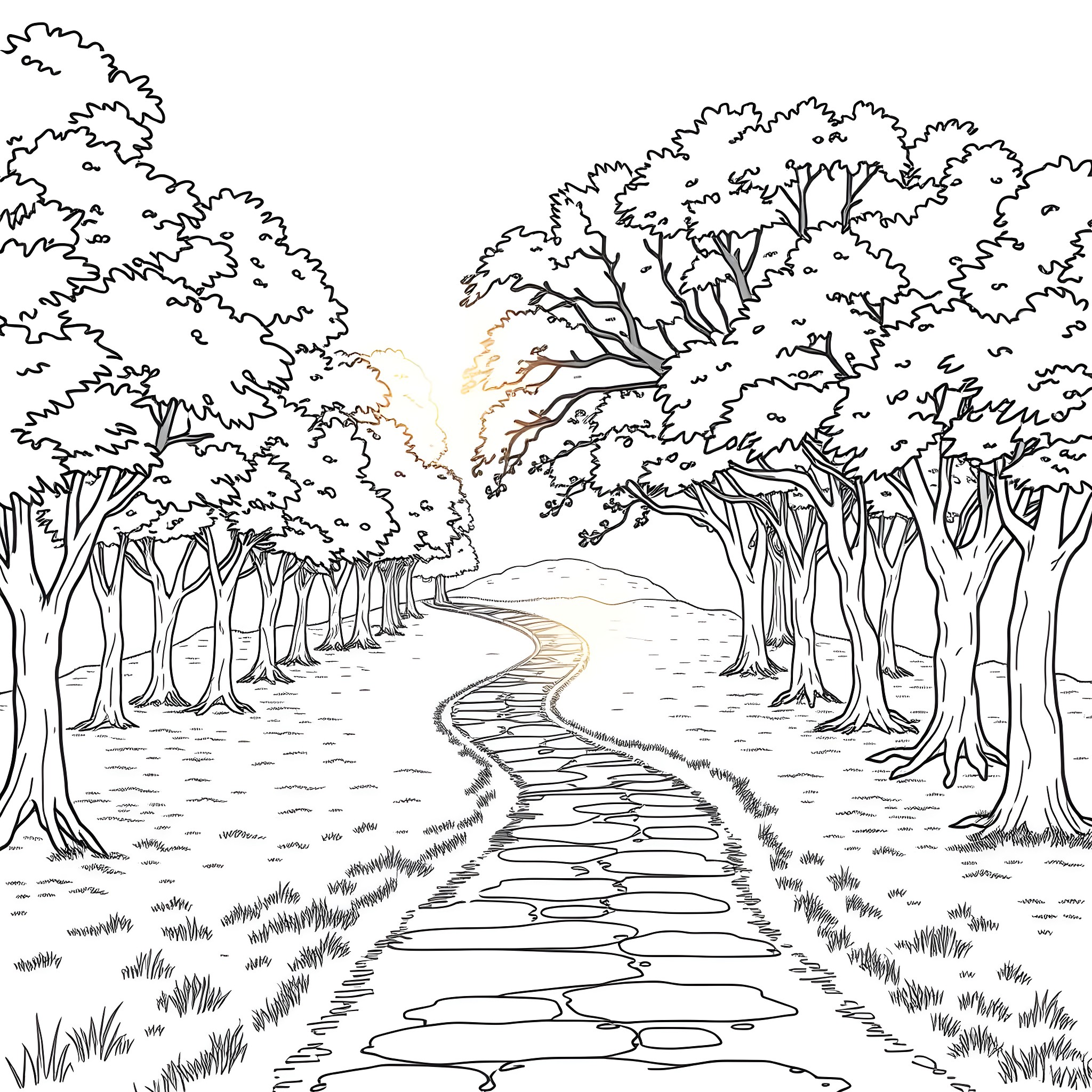 Faith in the Tranquil Forest Coloring Page (free black-and-white line drawing printable PDF for all, from beginners to advanced learners, including children, teens, adults, and seniors)