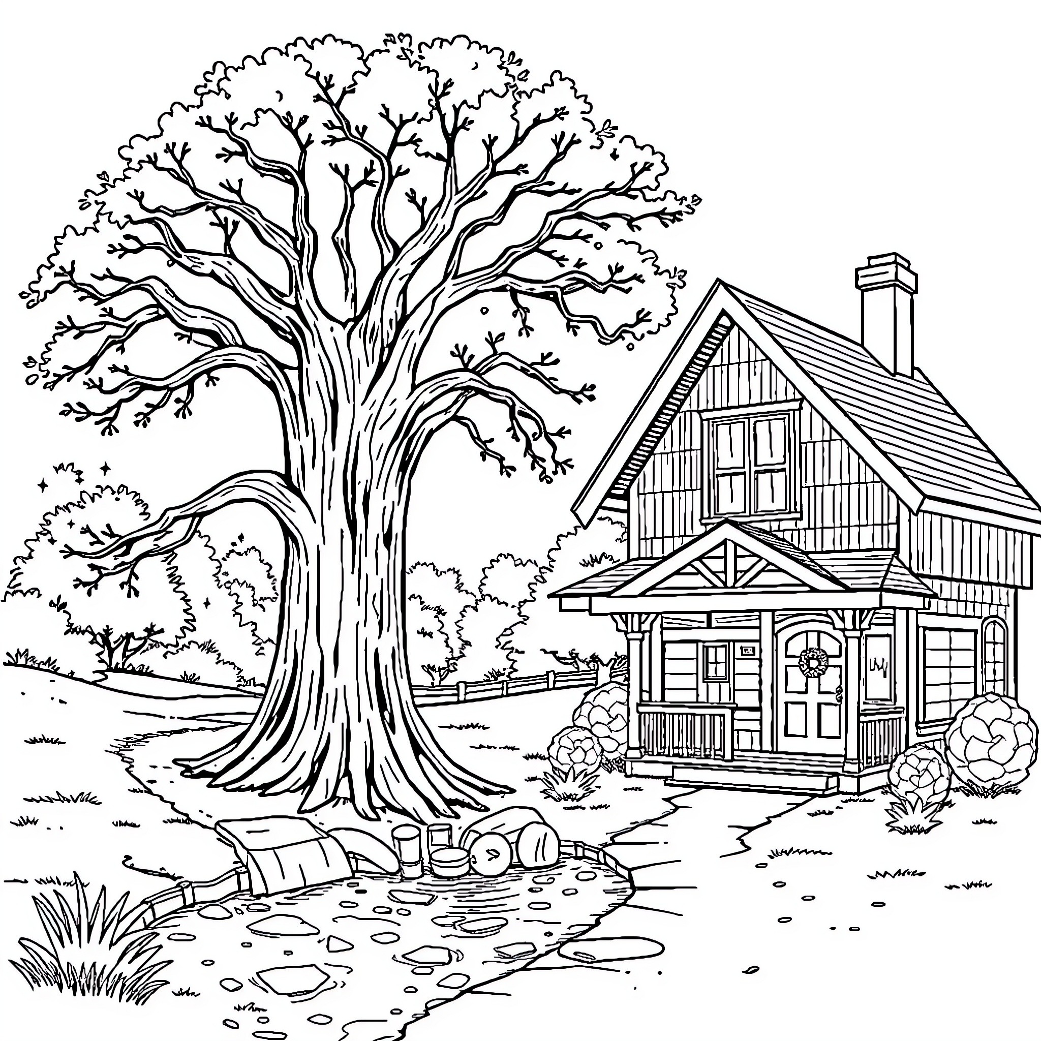 Oak Tree by Rustic Cabin in the Woods Coloring Page (free black-and-white line drawing printable PDF for all, from beginners to advanced learners, including children, teens, adults, and seniors)
