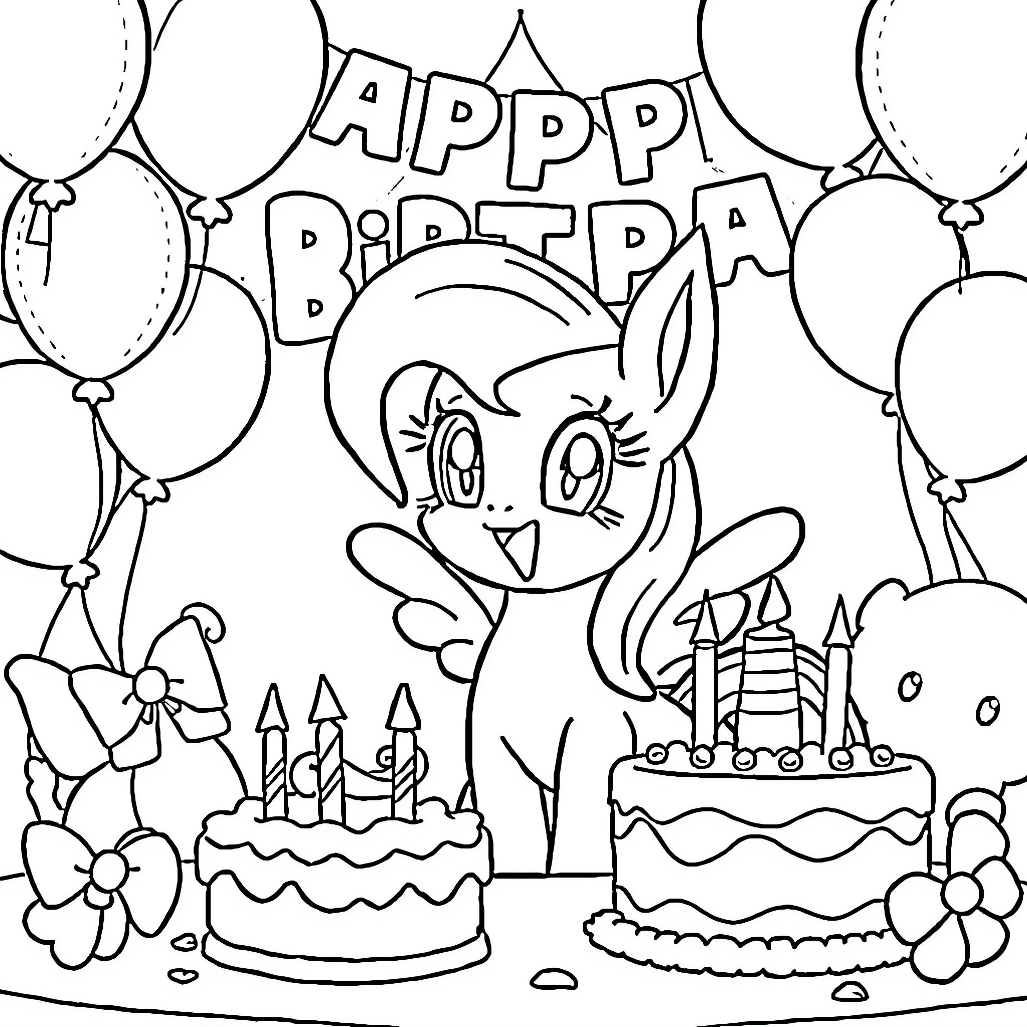 Fluttershy's Birthday Celebration Coloring Page (free black-and-white line drawing printable PDF for all, from beginners to advanced learners, including children, teens, adults, and seniors)