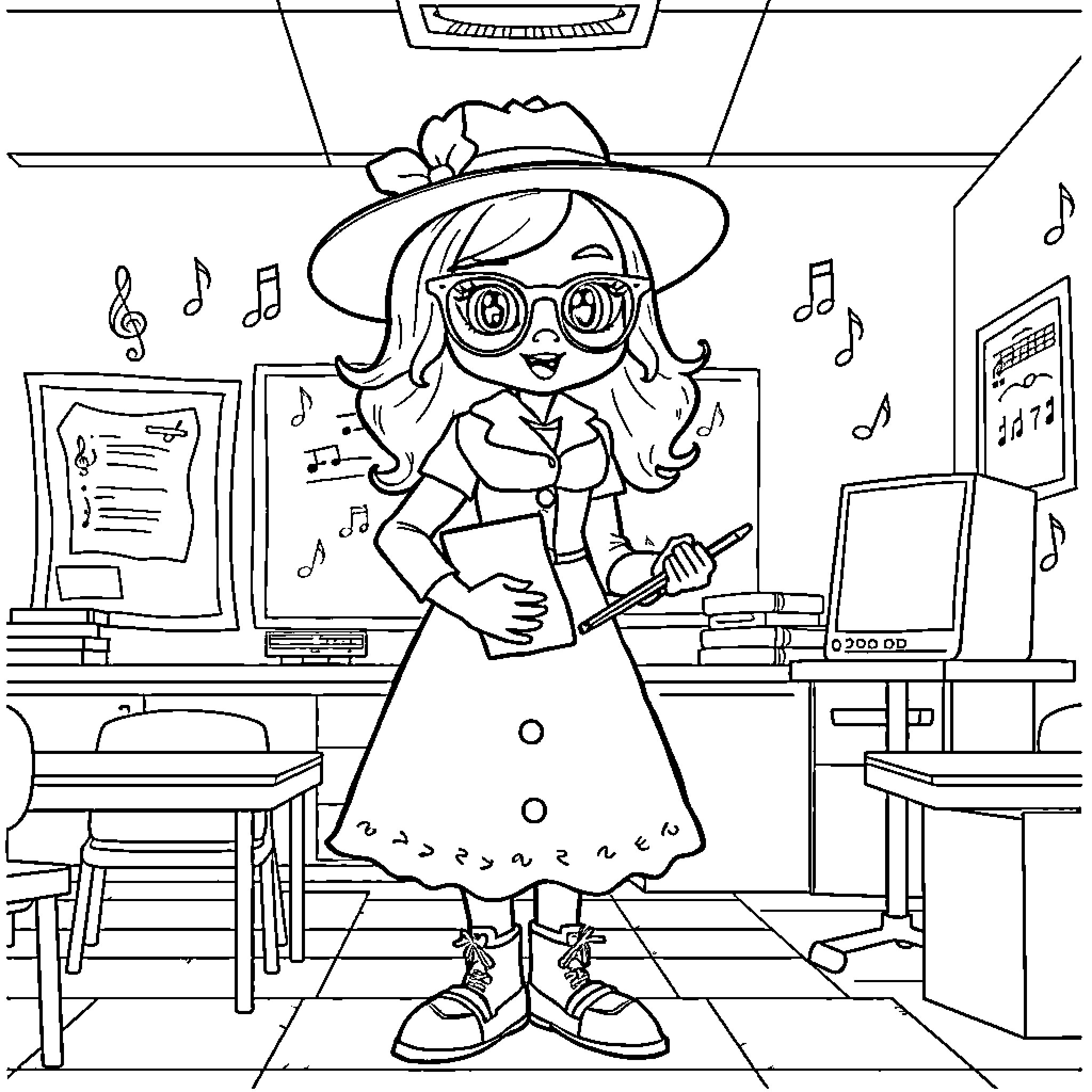 Raven performs joyfully in music classroom Coloring Page (free black-and-white line drawing printable PDF for all, from beginners to advanced learners, including children, teens, adults, and seniors)