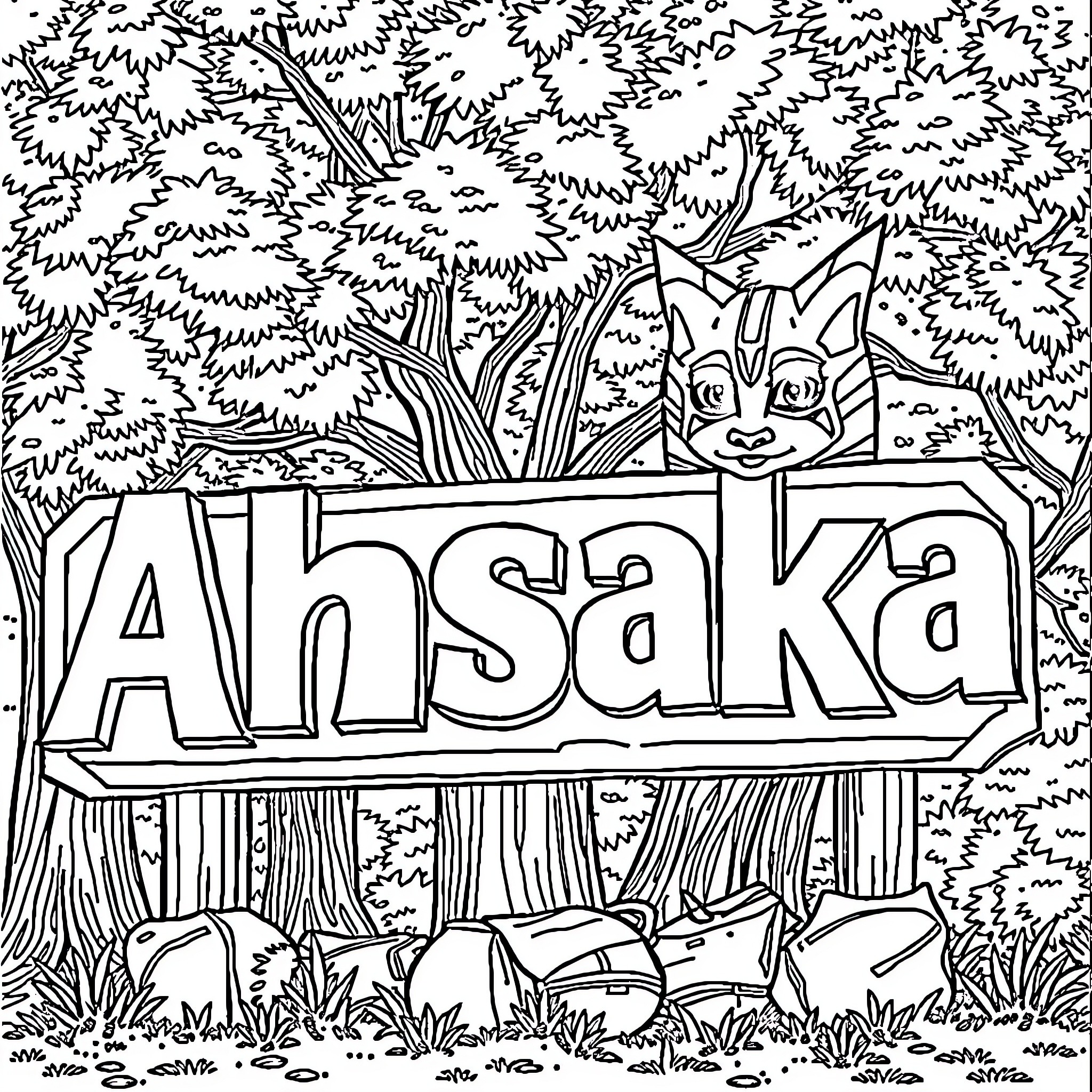 Ahsoka - Whimsical forest scene Coloring Page (free black-and-white line drawing printable PDF for all, from beginners to advanced learners, including children, teens, adults, and seniors)