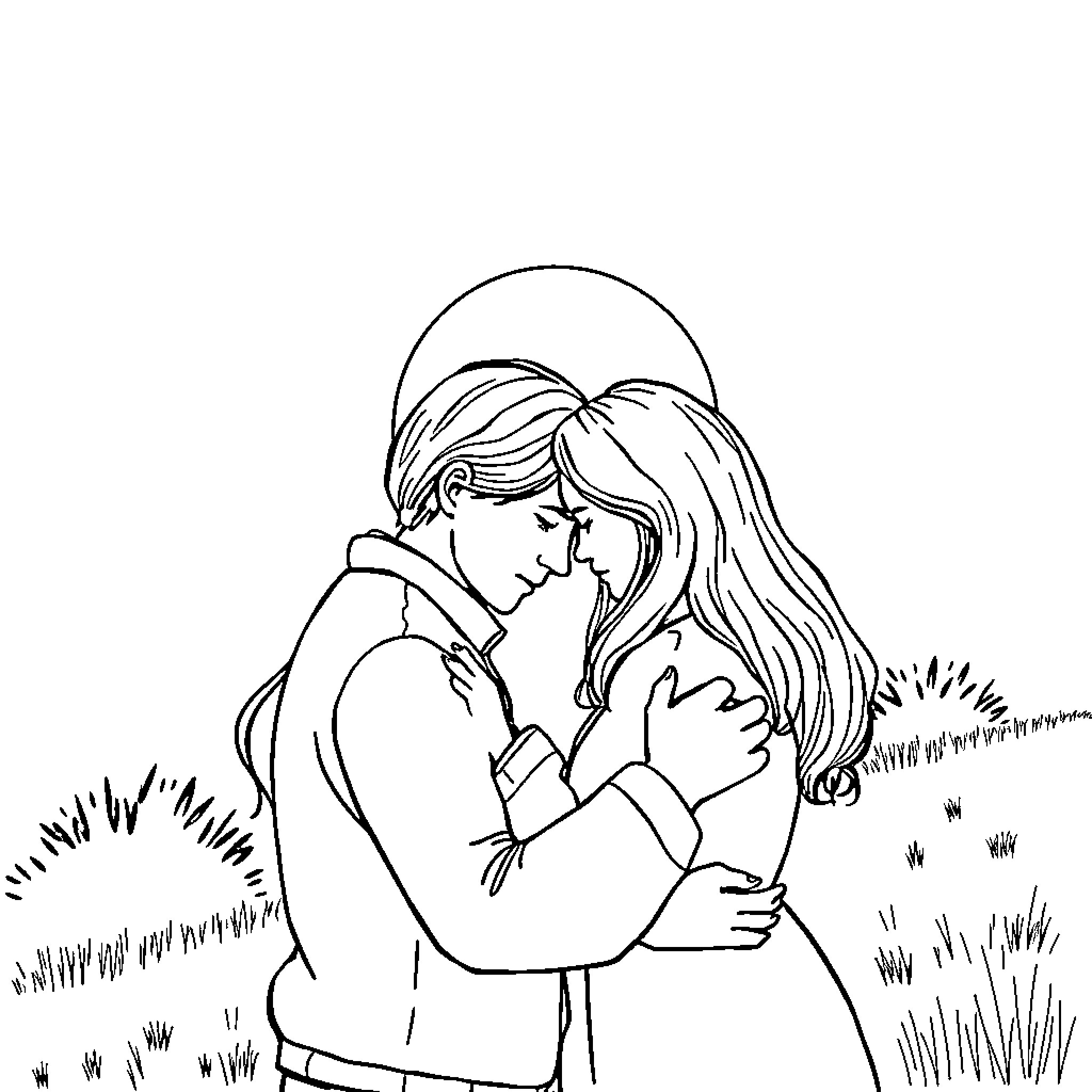 Person embracing tenderly on grassy field Coloring Page (free black-and-white line drawing printable PDF for all, from beginners to advanced learners, including children, teens, adults, and seniors)