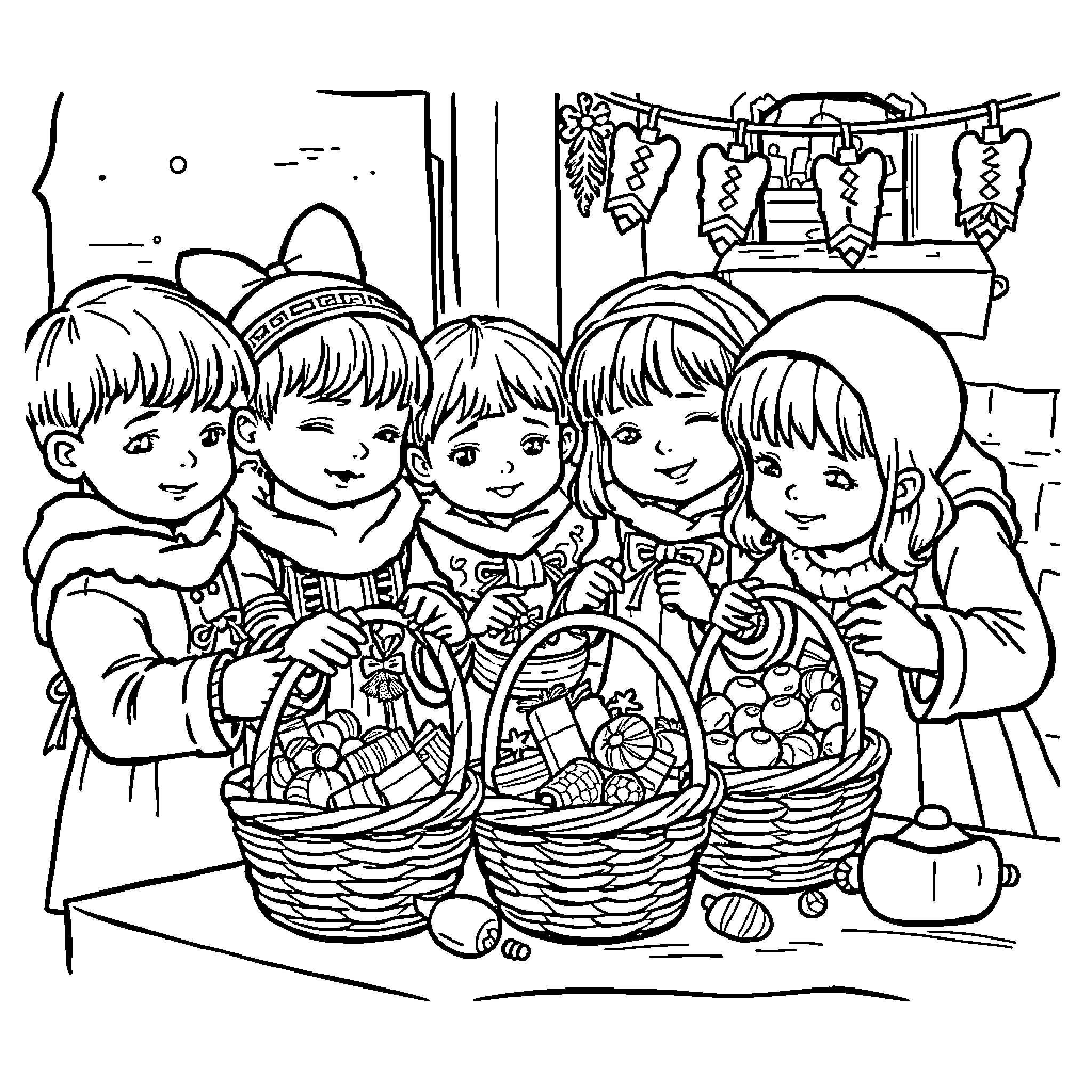 Child holding baskets full of treats and gifts Coloring Page (free black-and-white line drawing printable PDF for all, from beginners to advanced learners, including children, teens, adults, and seniors)