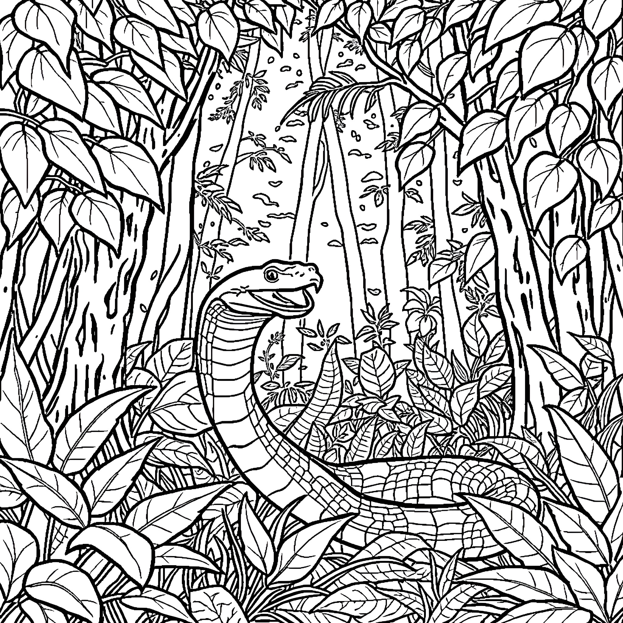 Snake lurking amidst lush foliage Coloring Page (free black-and-white line drawing printable PDF for all, from beginners to advanced learners, including children, teens, adults, and seniors)
