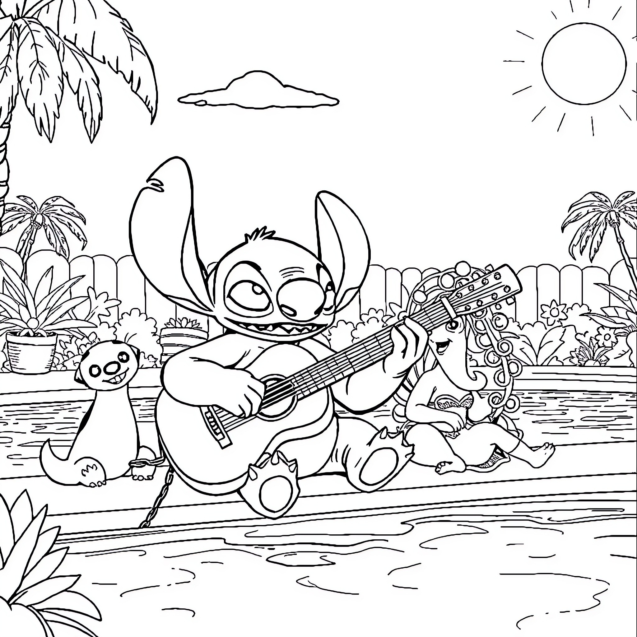Stitch singing and playing guitar on the beach Coloring Page (free black-and-white line drawing printable PDF for all, from beginners to advanced learners, including children, teens, adults, and seniors)