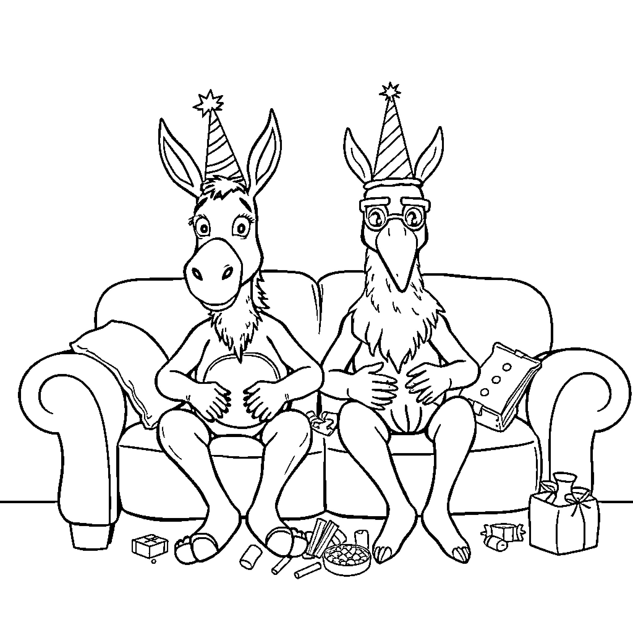 Donkeys enjoying a party with party hats and decorations Coloring Page (free black-and-white line drawing printable PDF for all, from beginners to advanced learners, including children, teens, adults, and seniors)