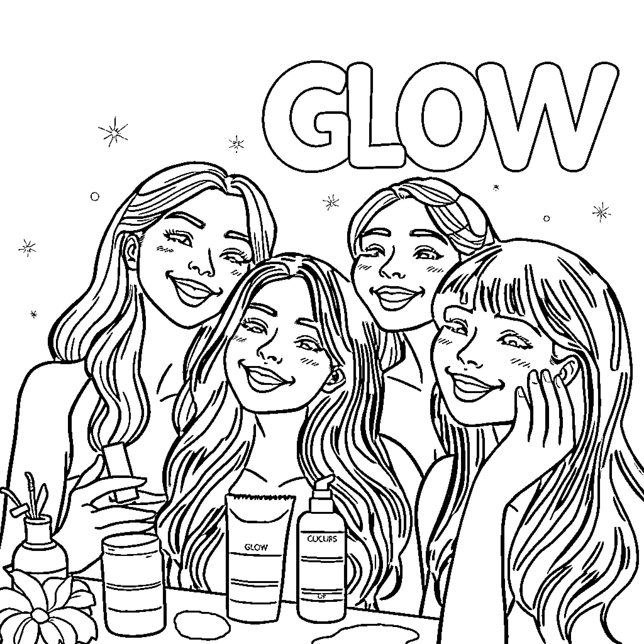 Girls gathered around cosmetic products, expressing joy Coloring Page (free black-and-white line drawing printable PDF for all, from beginners to advanced learners, including children, teens, adults, and seniors)