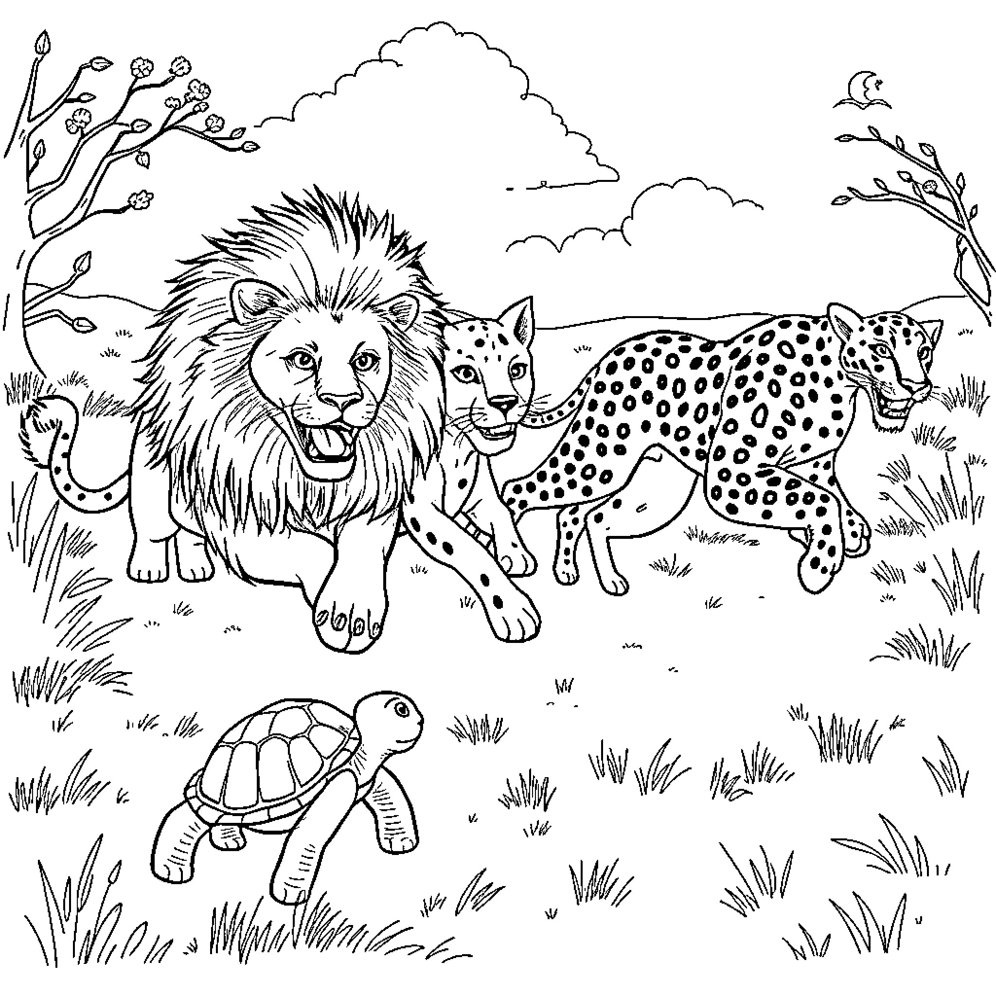 Turtle, lion, and cheetah in the wild Coloring Page (free black-and-white line drawing printable PDF for all, from beginners to advanced learners, including children, teens, adults, and seniors)