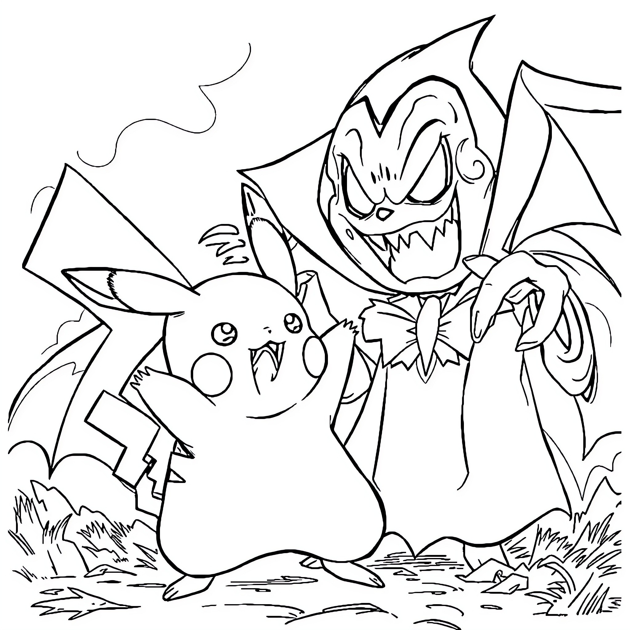 Pikachu confronting a spooky creature Coloring Page (free black-and-white line drawing printable PDF for all, from beginners to advanced learners, including children, teens, adults, and seniors)
