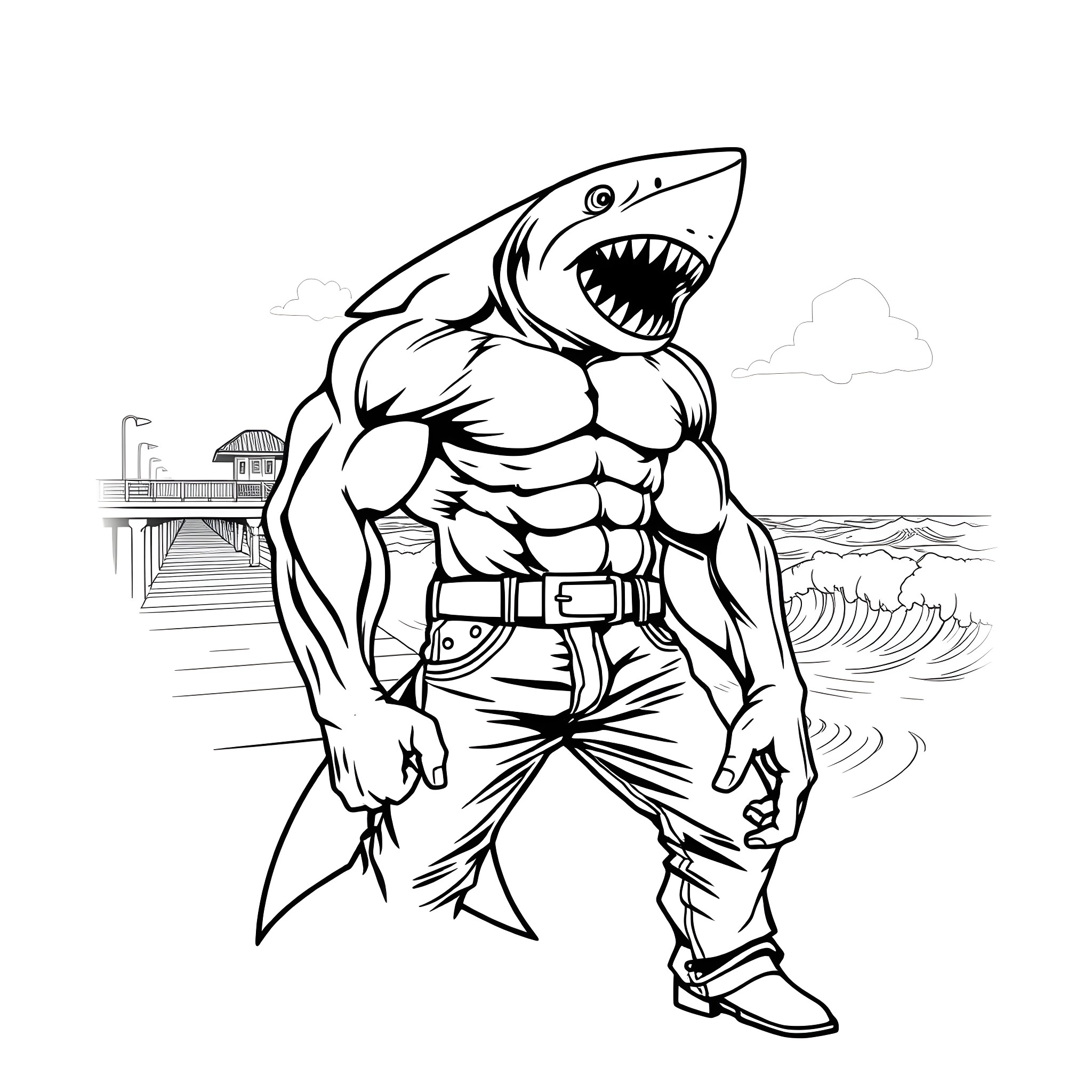Shark-like warrior with muscular physique on the beach Coloring Page (free black-and-white line drawing printable PDF for all, from beginners to advanced learners, including children, teens, adults, and seniors)