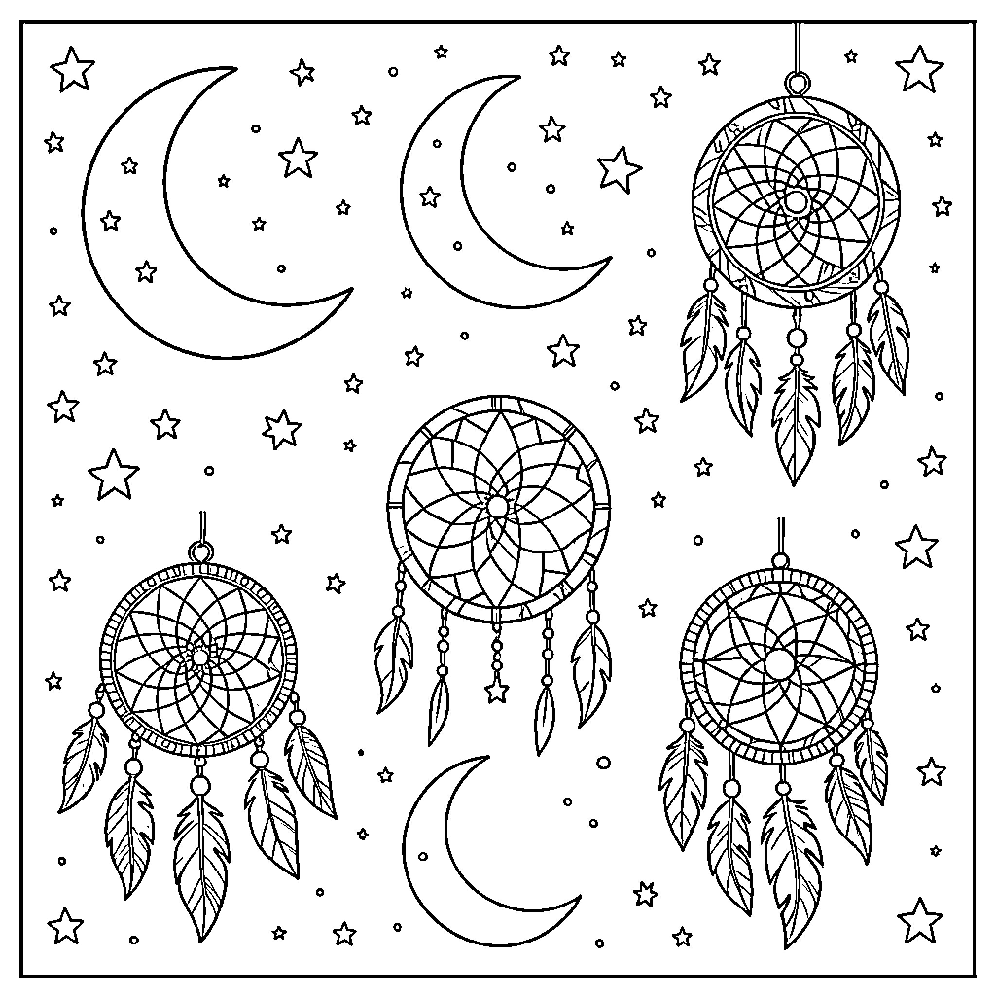 Celestial Dream Catchers and Crescent Moons Coloring Page (free black-and-white line drawing printable PDF for all, from beginners to advanced learners, including children, teens, adults, and seniors)