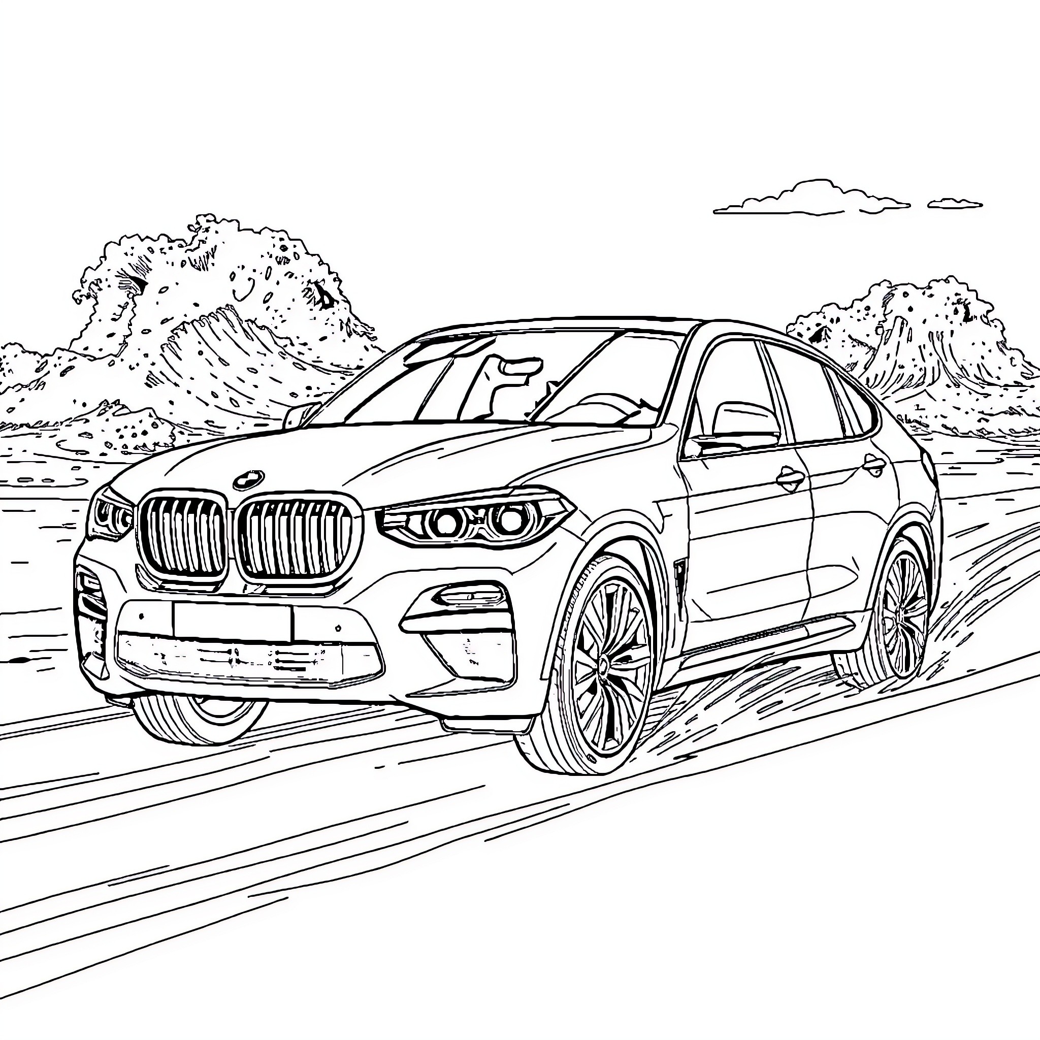BMW SUV in Desert Landscape Coloring Page (free black-and-white line drawing printable PDF for all, from beginners to advanced learners, including children, teens, adults, and seniors)