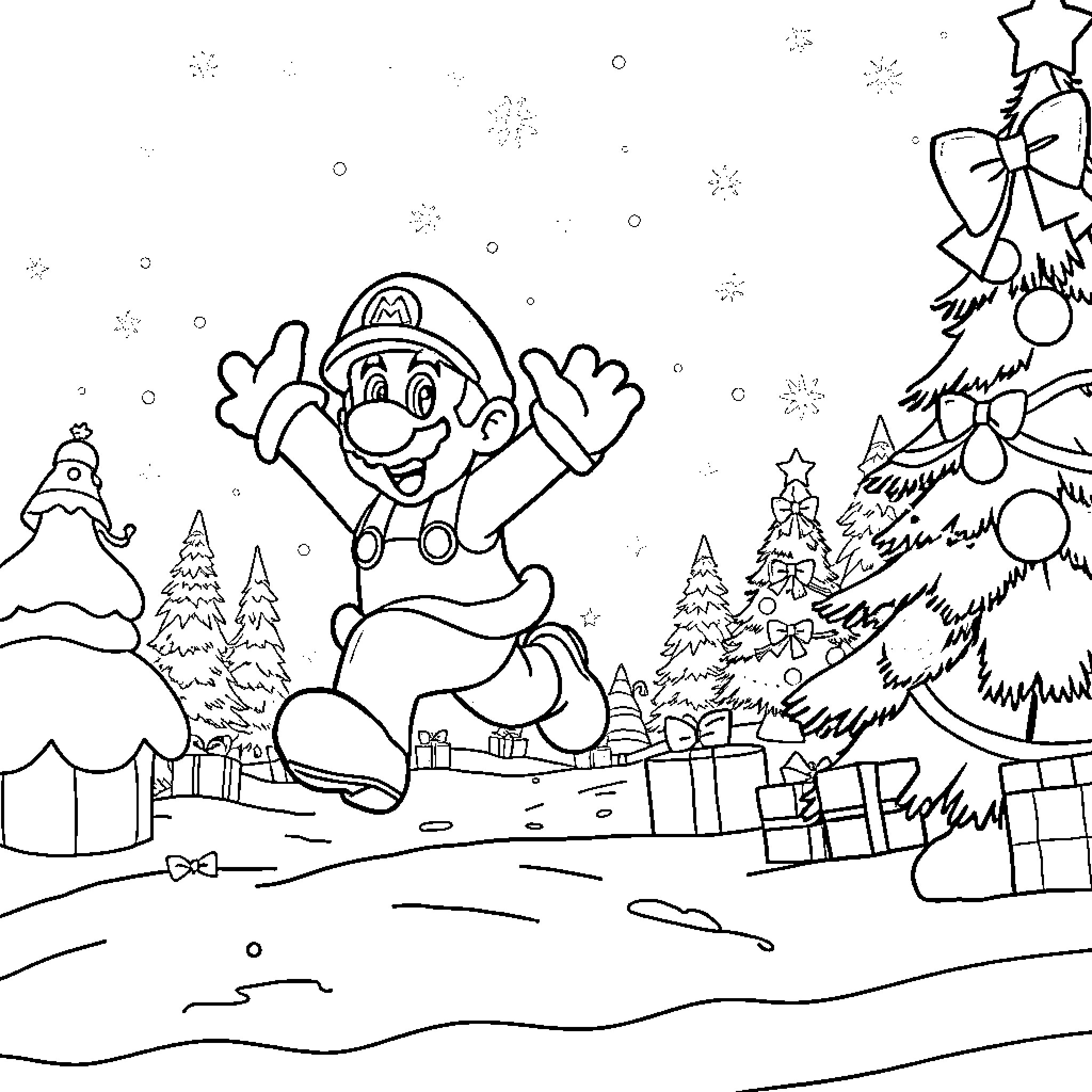 Super Mario Jumping for Joy in Winter Wonderland Coloring Page (free black-and-white line drawing printable PDF for all, from beginners to advanced learners, including children, teens, adults, and seniors)