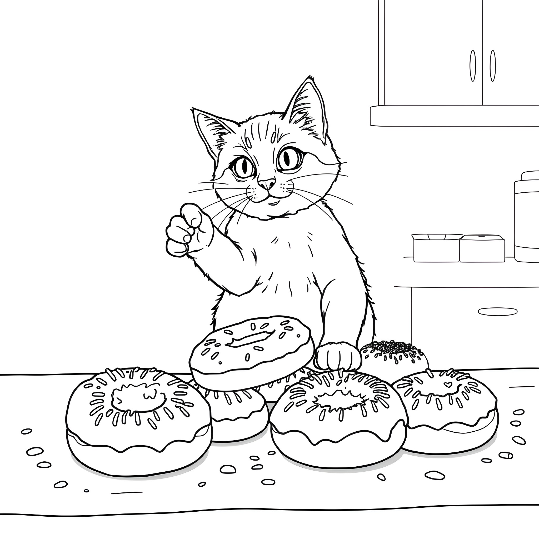 Cat feasting on donuts in the kitchen Coloring Page (free black-and-white line drawing printable PDF for all, from beginners to advanced learners, including children, teens, adults, and seniors)