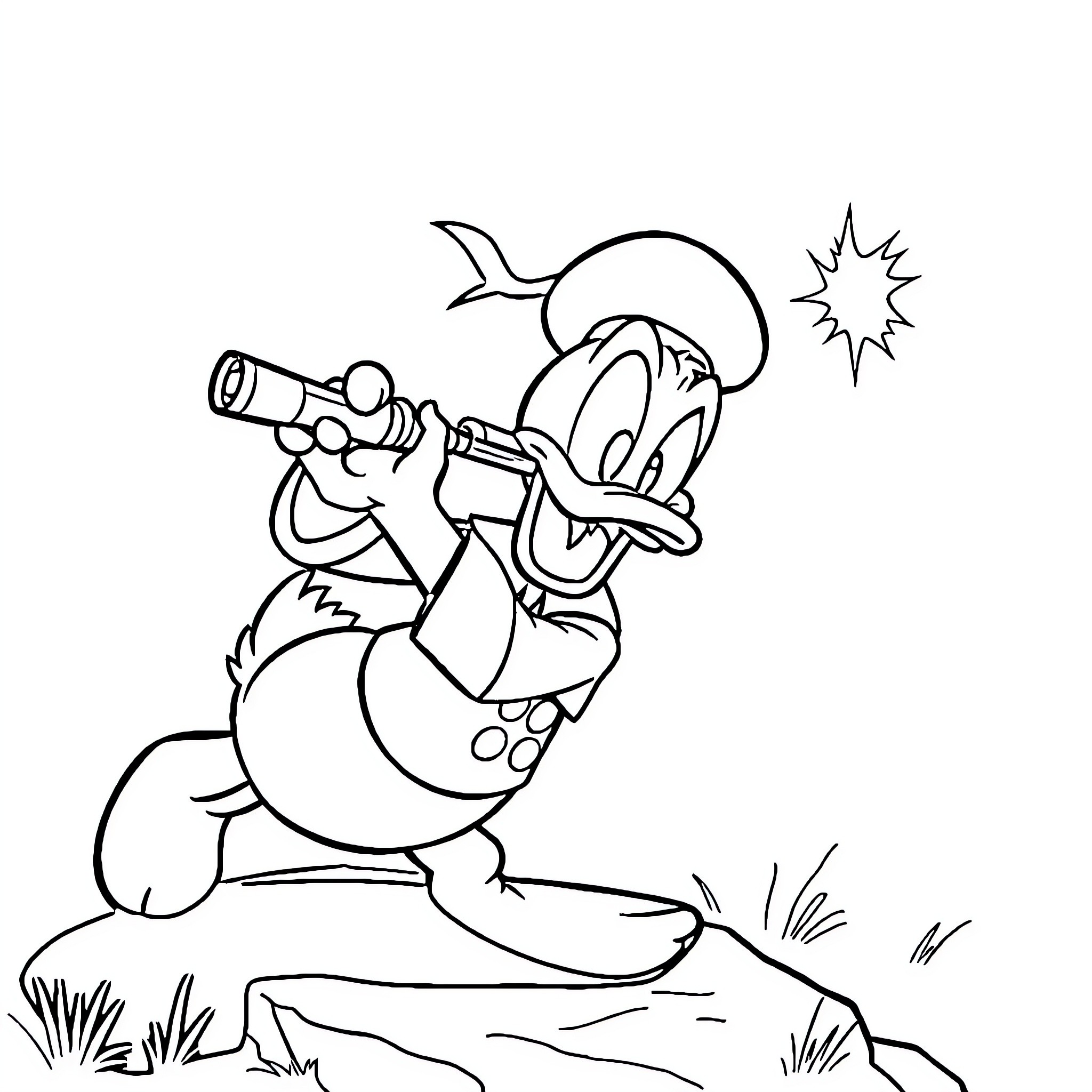 Donald Duck exploring the outdoors with binoculars Coloring Page (free black-and-white line drawing printable PDF for all, from beginners to advanced learners, including children, teens, adults, and seniors)