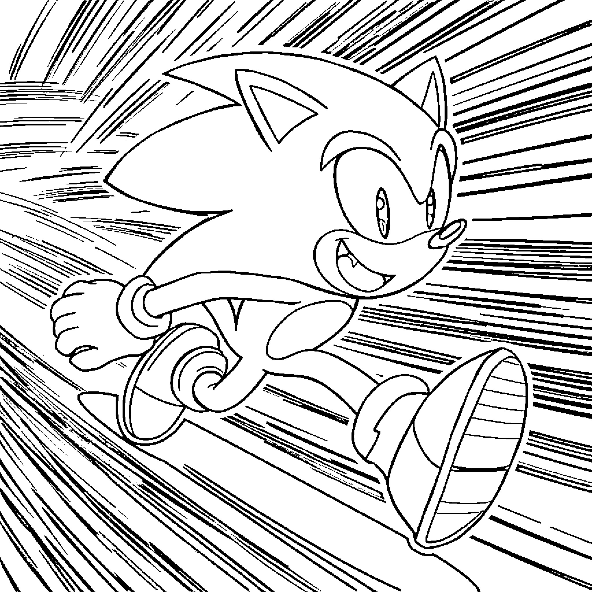 Sonic racing swiftly through the scene Coloring Page (free black-and-white line drawing printable PDF for all, from beginners to advanced learners, including children, teens, adults, and seniors)