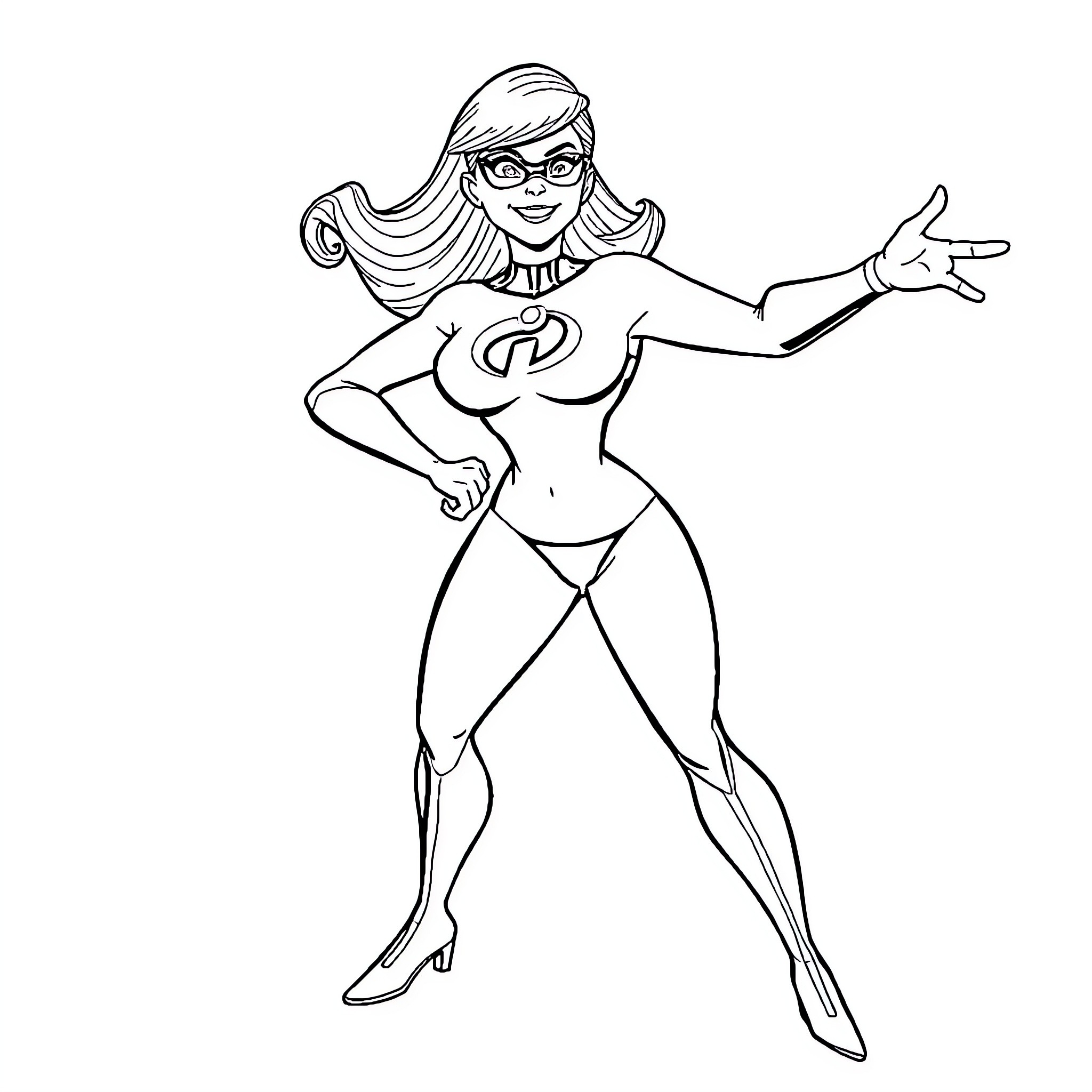 Mrs. Incredible in heroic pose Coloring Page (free black-and-white line drawing printable PDF for all, from beginners to advanced learners, including children, teens, adults, and seniors)