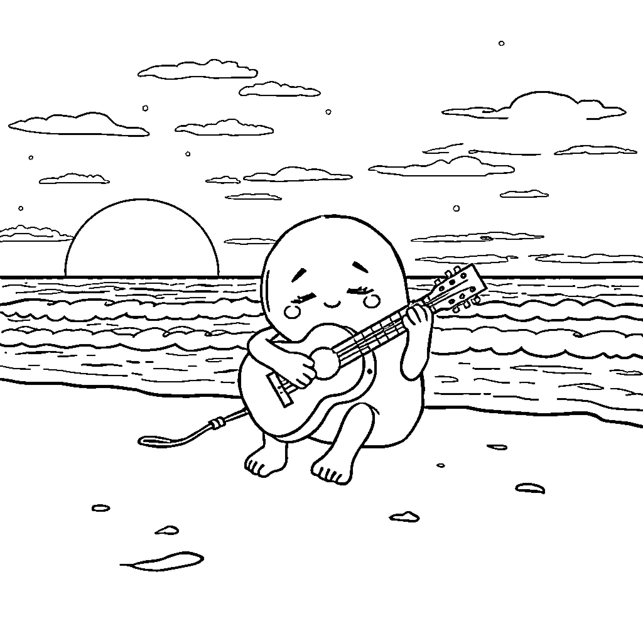 Sleep Token playing guitar by the sunset sea Coloring Page (free black-and-white line drawing printable PDF for all, from beginners to advanced learners, including children, teens, adults, and seniors)