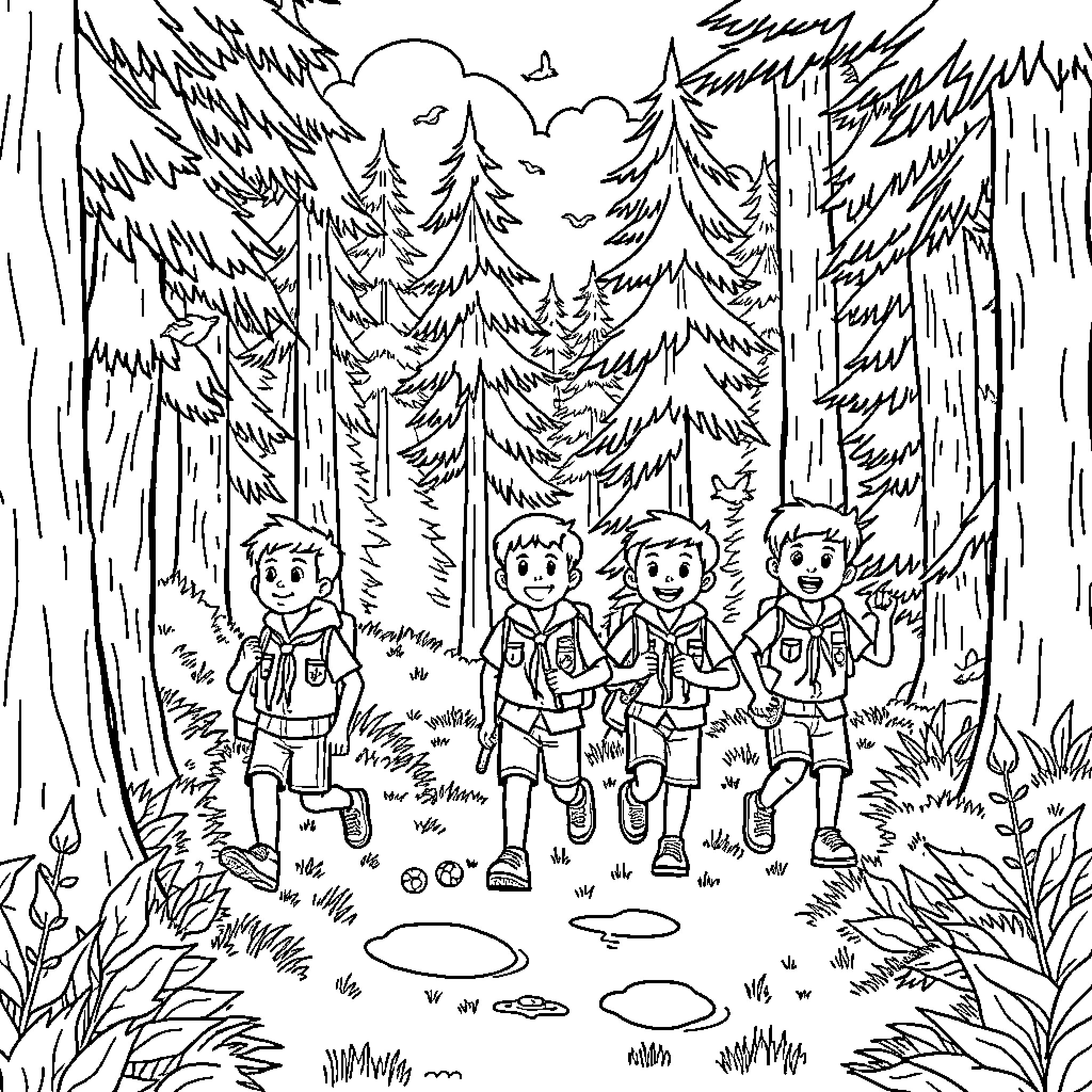 Cub Scouts hiking through the forest Coloring Page (free black-and-white line drawing printable PDF for all, from beginners to advanced learners, including children, teens, adults, and seniors)