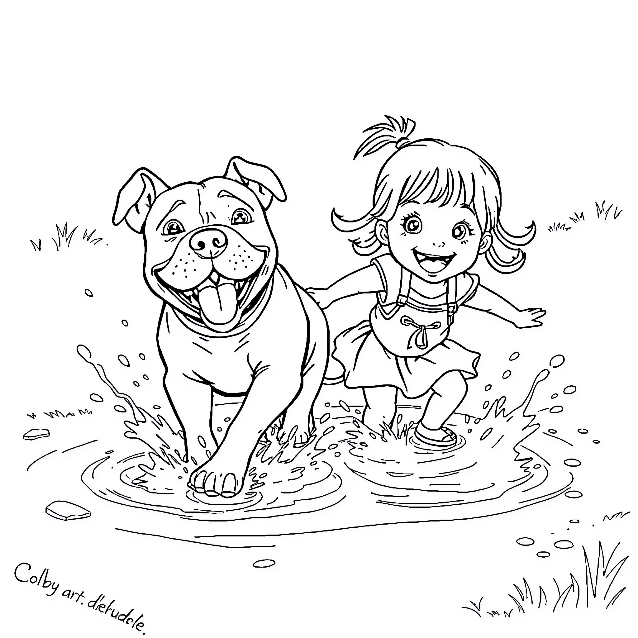 Pitbull and Girl Playing in Puddle Coloring Page (free black-and-white line drawing printable PDF for all, from beginners to advanced learners, including children, teens, adults, and seniors)