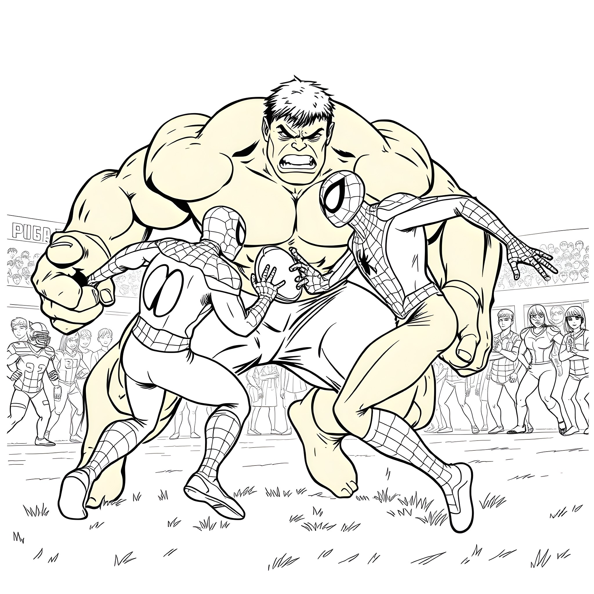 Hulk engaged in fierce battle with Spiderman Coloring Page (free black-and-white line drawing printable PDF for all, from beginners to advanced learners, including children, teens, adults, and seniors)